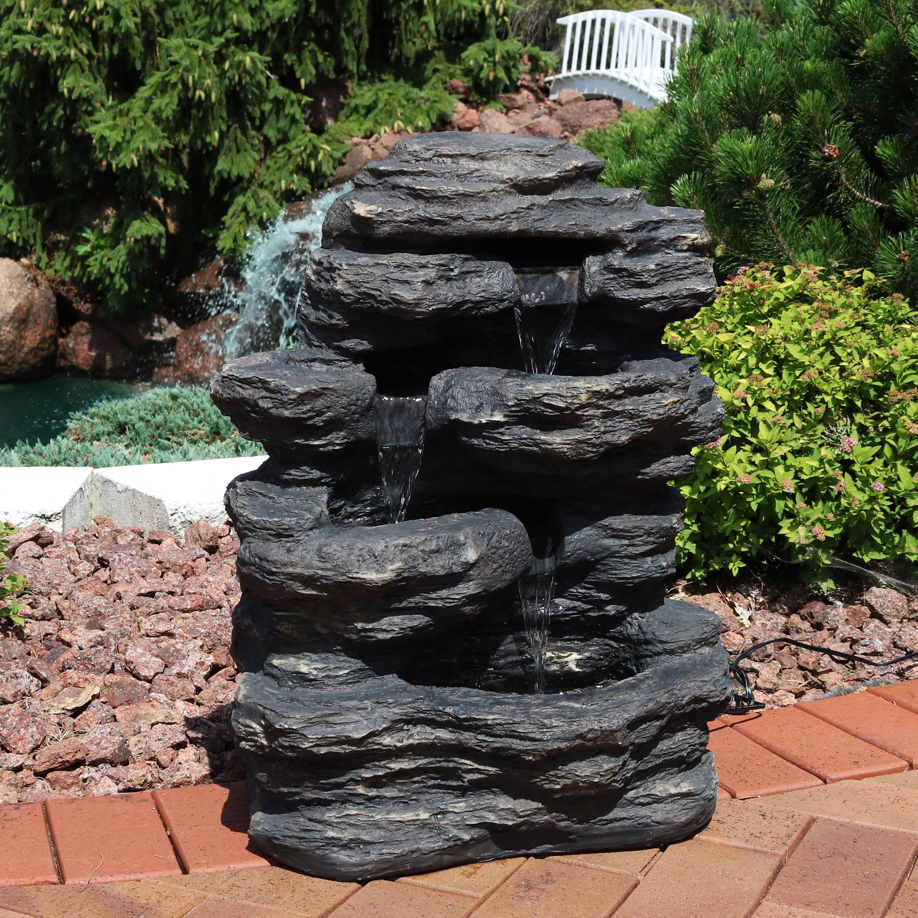 Alt View 3. Sunnydaze - Polystone Rock Falls Waterfall Fountain with LED Lights - 24 in - Grey.