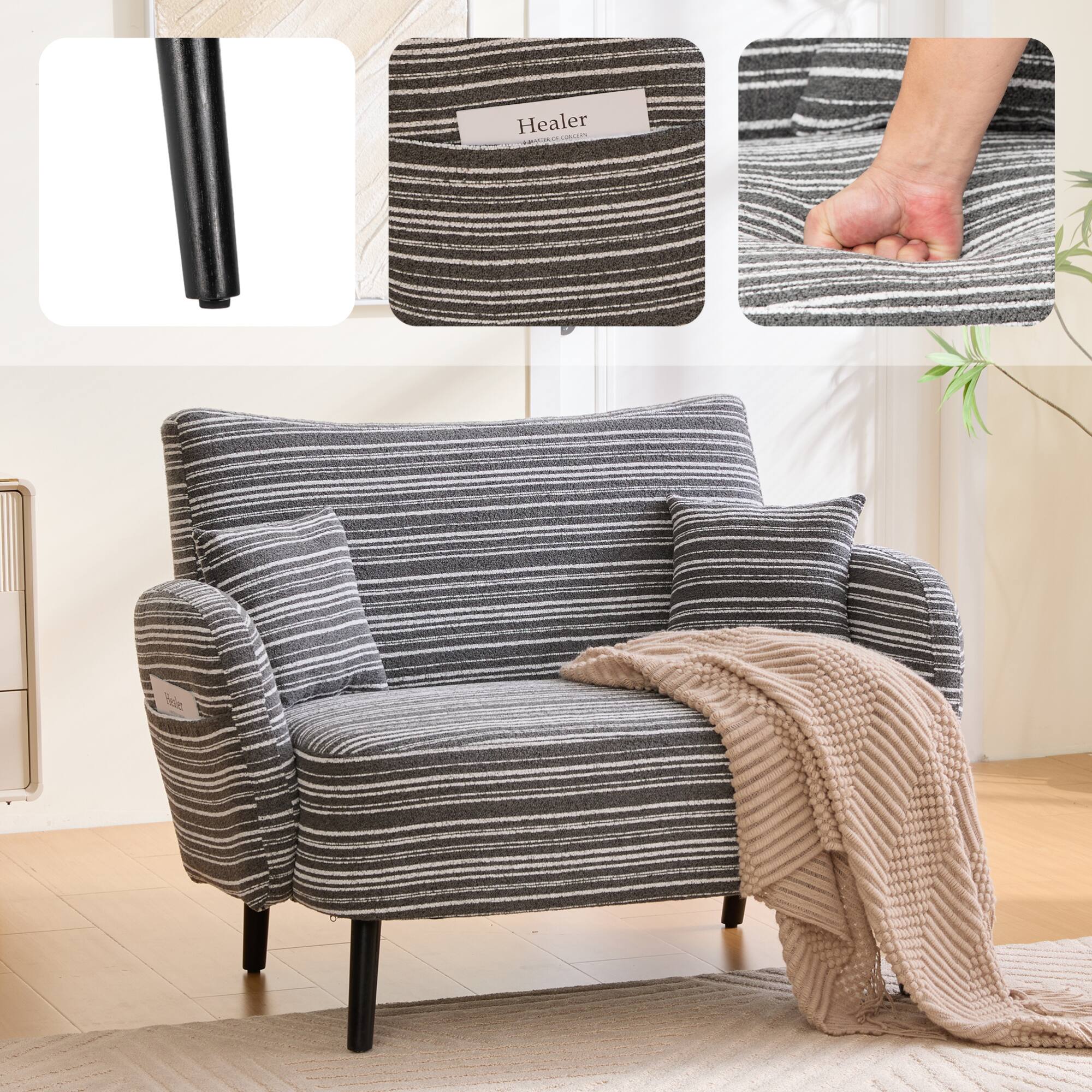 GOODSILO - Modern Two-Seater Sofa with Ultra-Comfortable Armrests and Storage Pockets for Small Spaces - Dark Gray