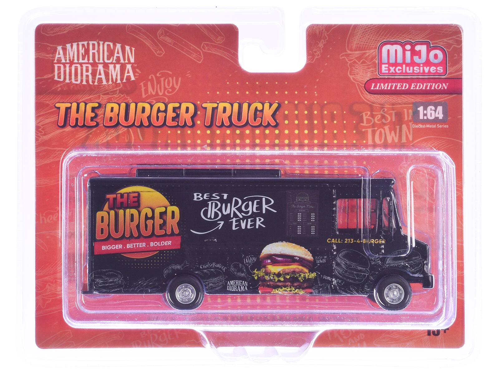 AMERICAN DIORAMA  
ENJOY THE BURGER TRUCK  

MiJo Exclusives  
LIMITED EDITION  

BEST IN TOWN  
1:64  
Diecast-Metal Series  

THE BURGER  
BIGGER, BETTER, BOLDER  

BEST BURGER EVER  

CALL: 213-4-BURGER  

AMERICAN DIORAMA