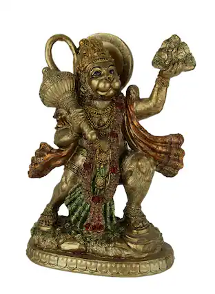 Front. Zeckos - Gold Finish Flying Hanuman Carrying Herb Bearing Mountain Statue 8.75 Inches High - Gold.