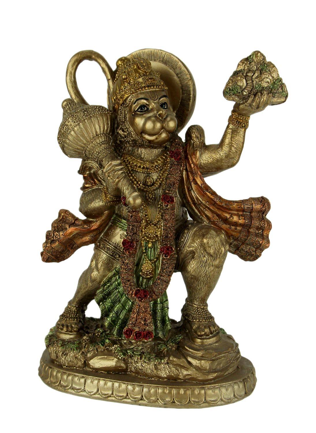 Front. Zeckos - Gold Finish Flying Hanuman Carrying Herb Bearing Mountain Statue 8.75 Inches High - Gold.