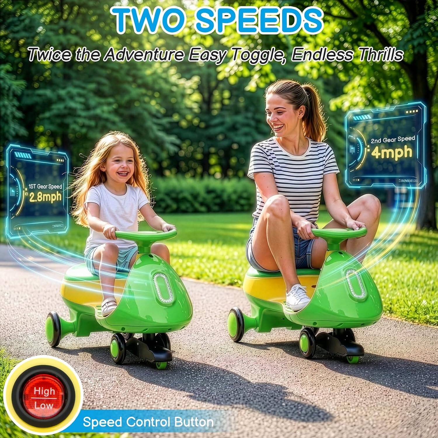 TWO SPEEDS  
Twice the Adventure Easy Toggle, Endless Thrills  

1ST Gear Speed 2.8mph  
2nd Gear Speed 4mph  

High Low  
Speed Control Button