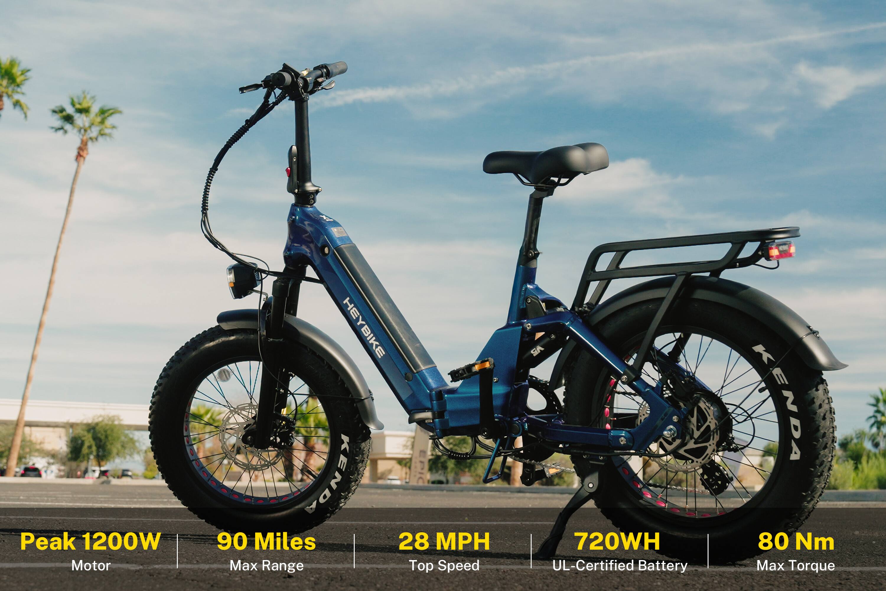 Peak 1200W Motor  
HEYBIKE  
KENDA  
90 Miles Max Range  
28 MPH Top Speed  
720WH UL-Certified Battery  
80 Nm Max Torque