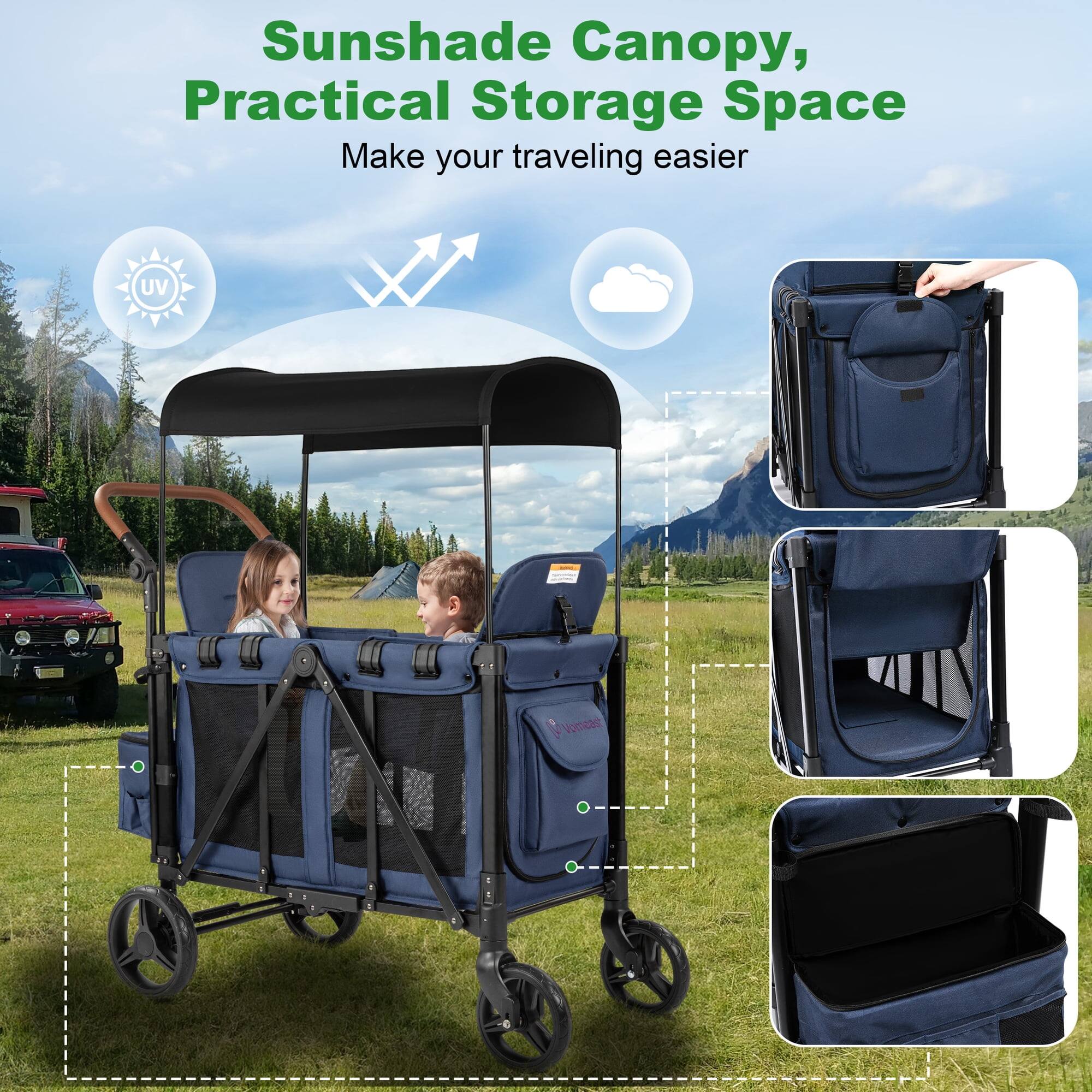 Sunshade Canopy, Practical Storage Space  
Make your traveling easier  
UV