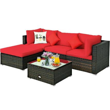 Front. Kadyn - 5 Pcs Outdoor Patio Rattan Furniture Set Sectional Conversation with Navy Cushions-Red, Patio Seating Conversation - Red.