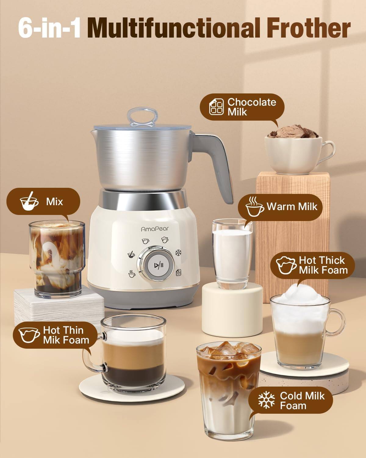 6-in-1 Multifunctional Frother

Chocolate Milk
Mix
Warm Milk
Hot Thick Milk Foam
Hot Thin Milk Foam
Cold Milk Foam