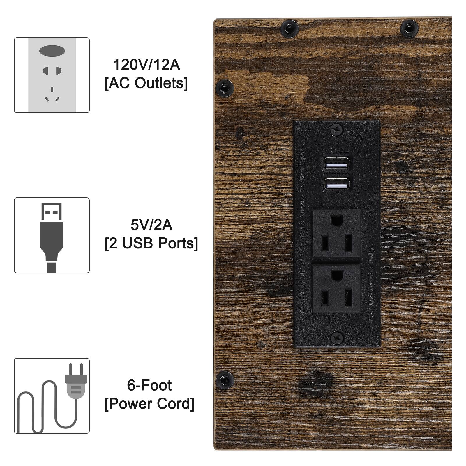 120V/12A [AC Outlets]  
5V/2A [2 USB Ports]  
6-Foot [Power Cord]