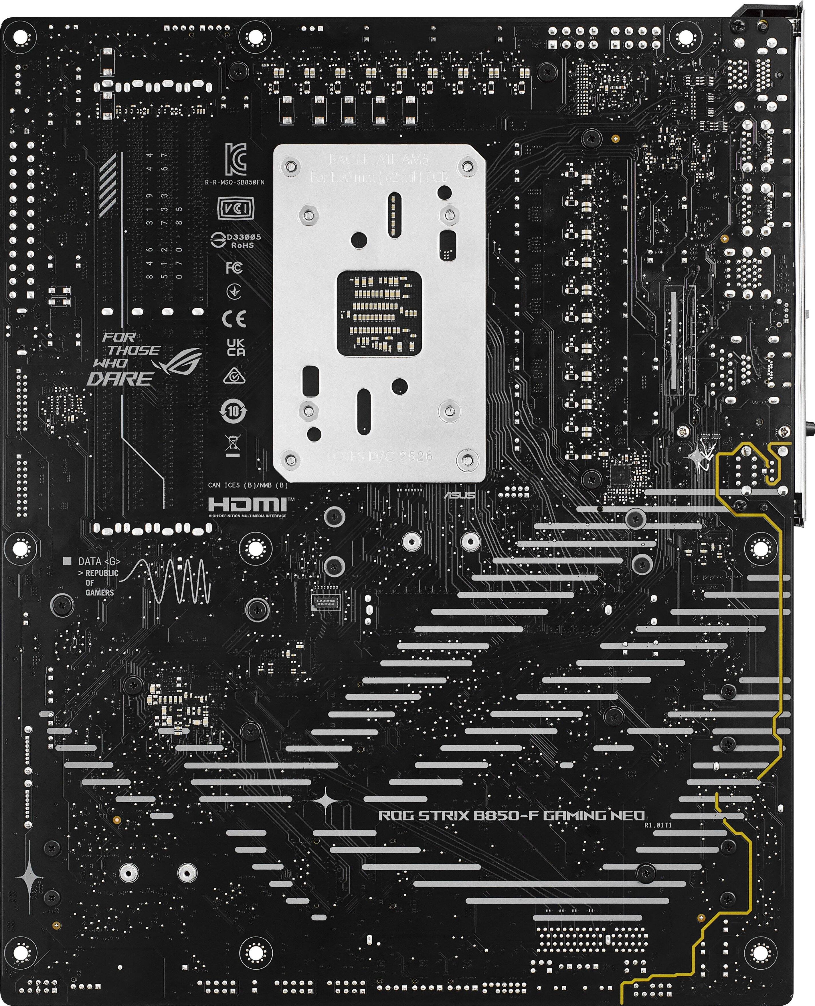 - IC R-R-MSO-S8858FN BACKFLAIL AM5 1 FCL VEI e 33885 ReHS FC FOR THOSE WHO DARE CE UK CA 10 LOIES DIC 2526 CAN ICES 8) HDMI - - DATA <G> > REPUBLIC OF GAMERS ROG STRIX 8850-F GAMING NEO i.M01s
