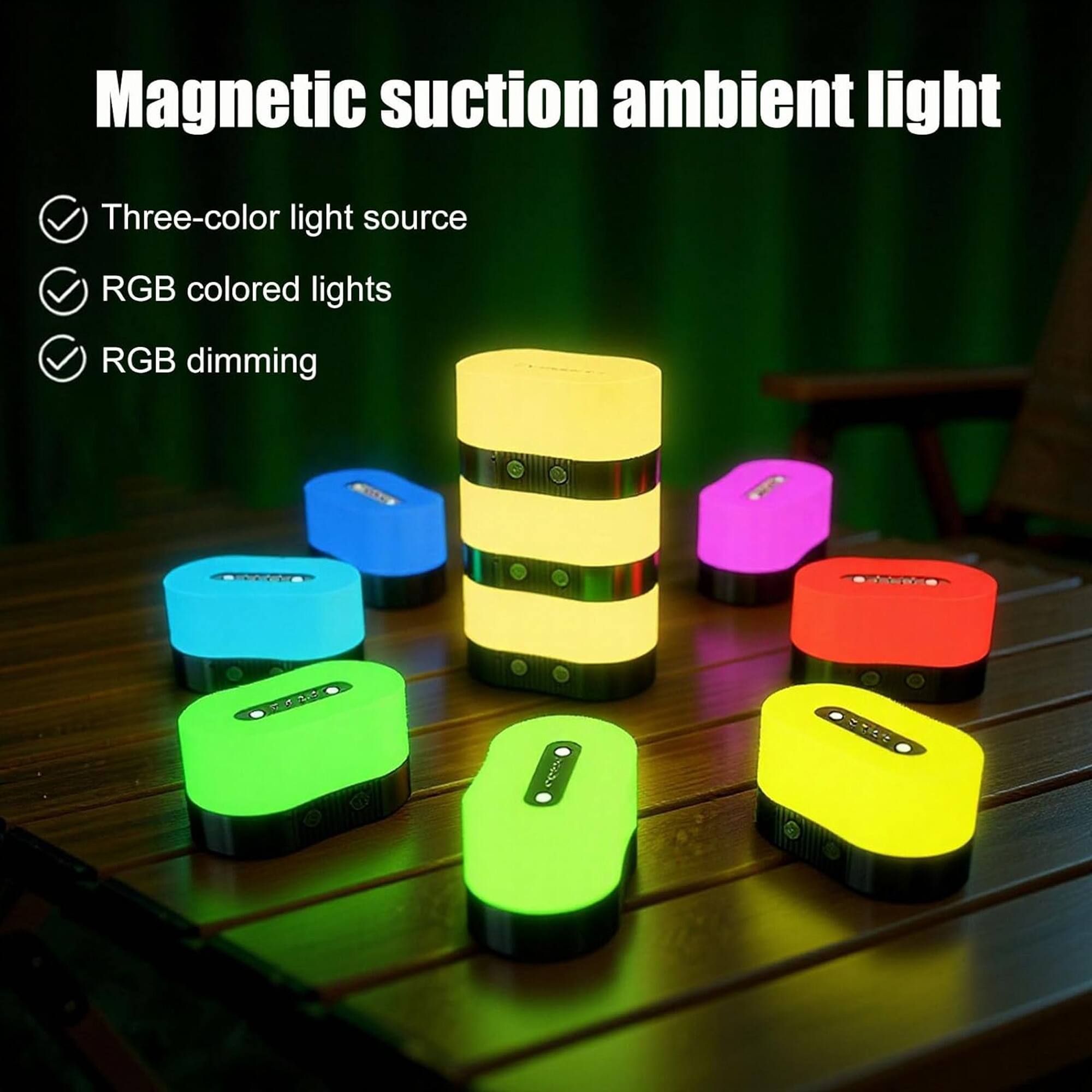Magnetic suction ambient light

- Three-color light source
- RGB colored lights
- RGB dimming