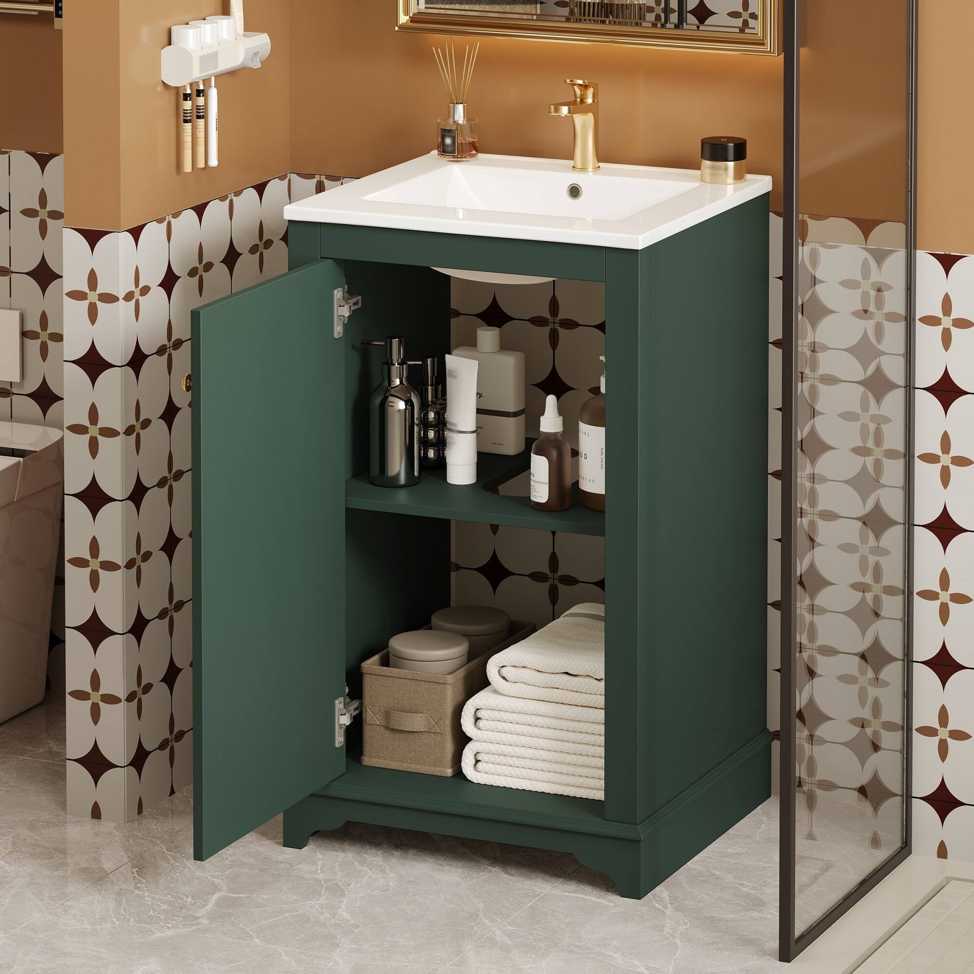 Alt View 5. Boyel Living - 20 Inch Bathroom Vanity with Ceramic Sink Solid Wood Frame Green - Green.