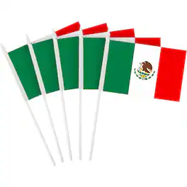 G128 - 12-Pack Handheld Mexico Stick Flags, 4 x 6 in, Printed 150D Polyester with Plastic Spear-Tip Handles - Assorted Colors