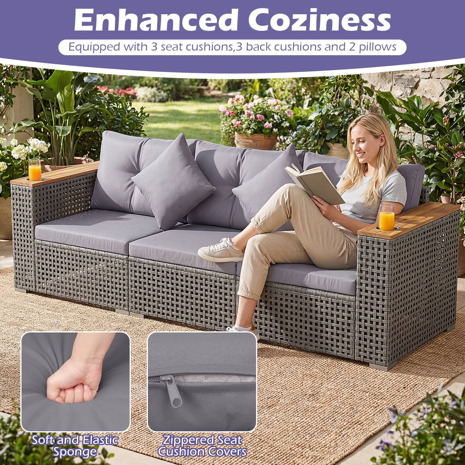 Enhanced Coziness  
Equipped with 3 seat cushions, 3 back cushions, and 2 pillows  

Soft and Elastic Sponge  
Zippered Seat Cushion Covers