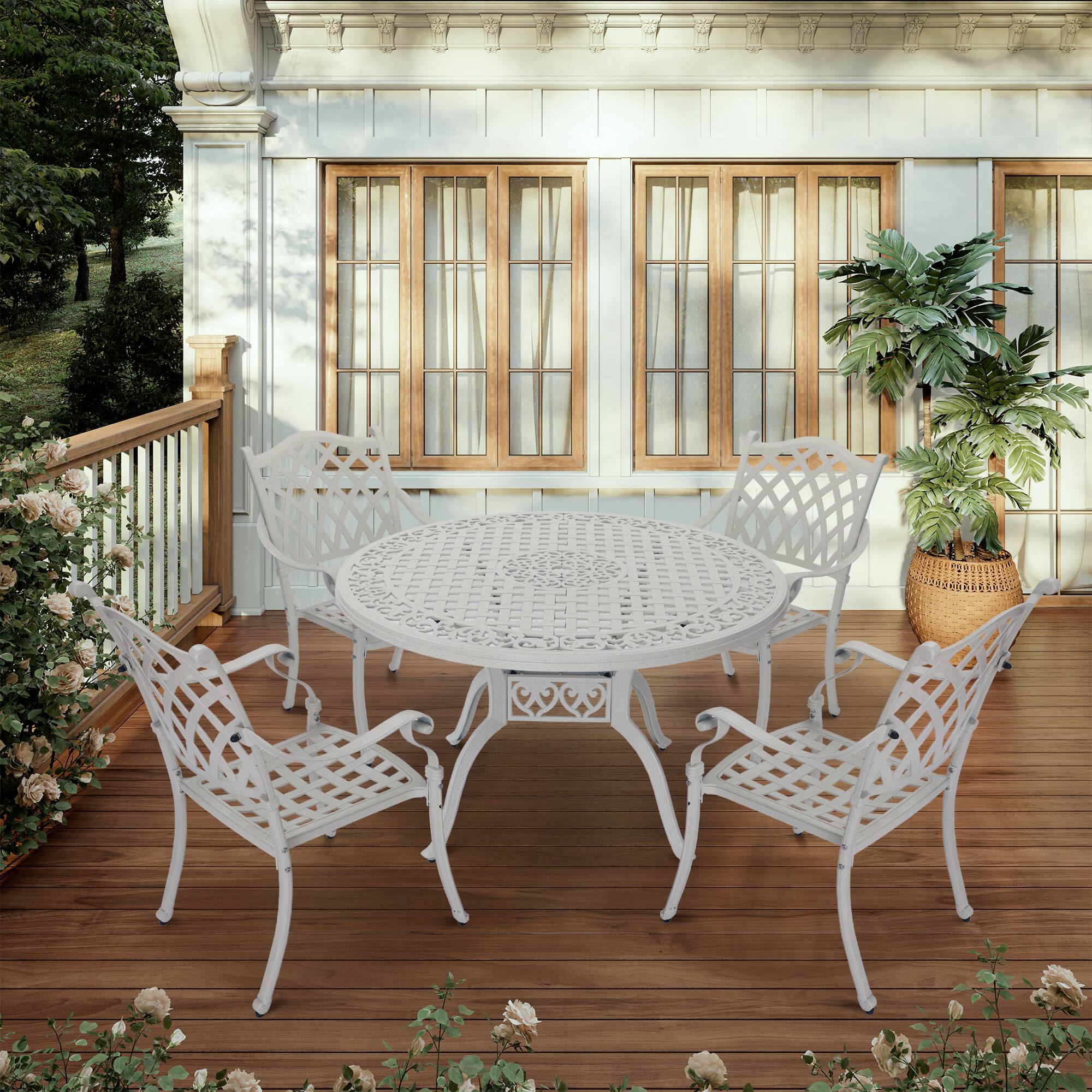 Left. Mondawe - 5-Piece Cast Aluminum Dining Set with Round Table and 4 Checkered Weave Chairs - White.