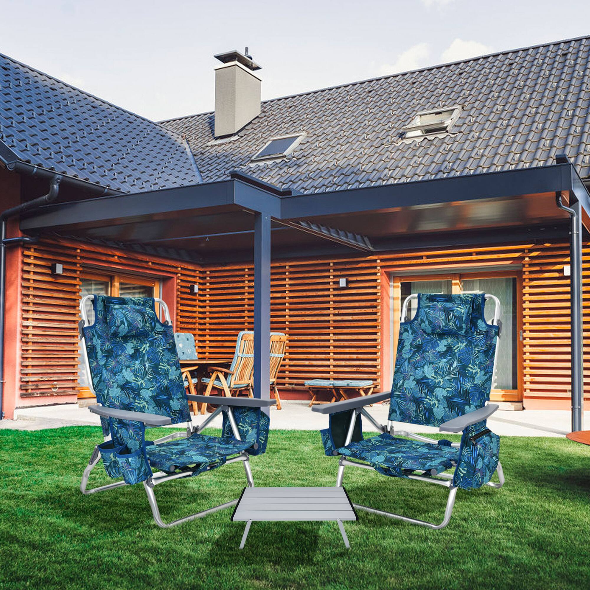 Alt View 9. Gymax - Gymax 3PCS Folding Beach Chair & Table Set Adjustable Outdoor Reclining Chair - Blue.