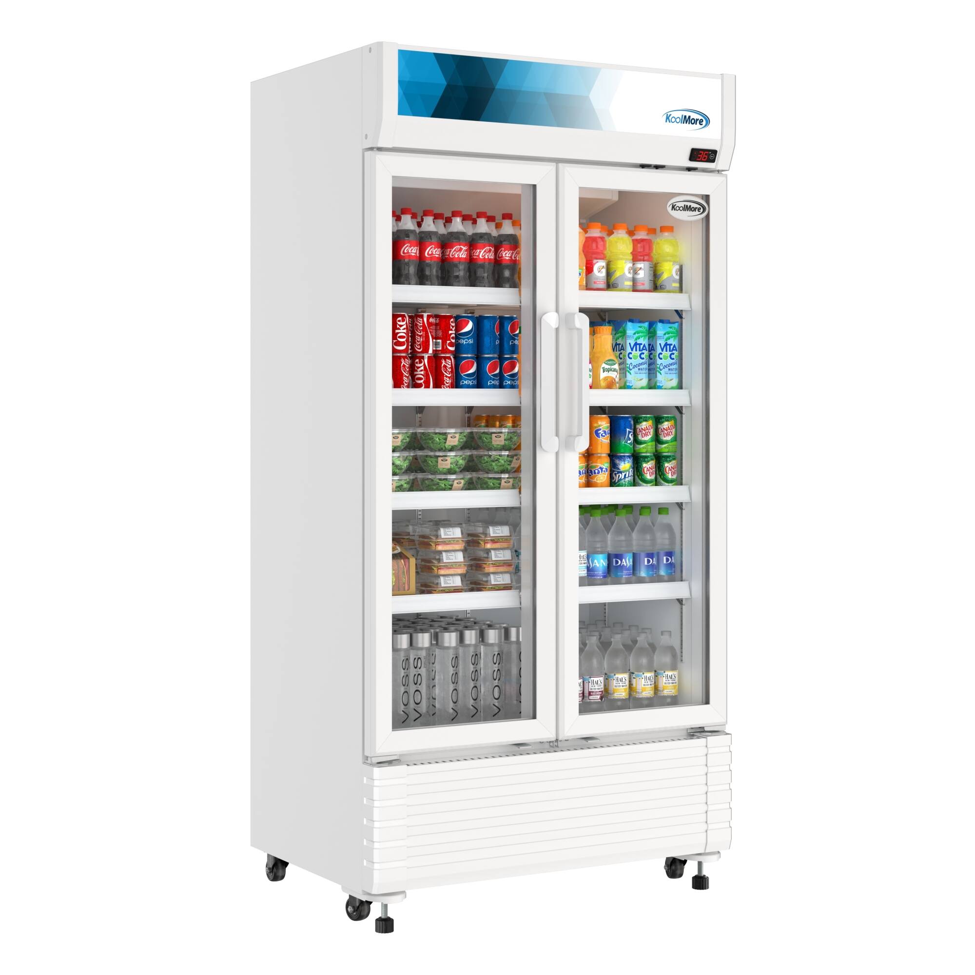 The image features a refrigerator with a variety of drinks inside. There are multiple bottles of soda, including Coca-Cola, and other beverages such as Vitamin Water. The refrigerator is stocked with a wide selection of drinks, making it a convenient option for those looking to grab a cold beverage.