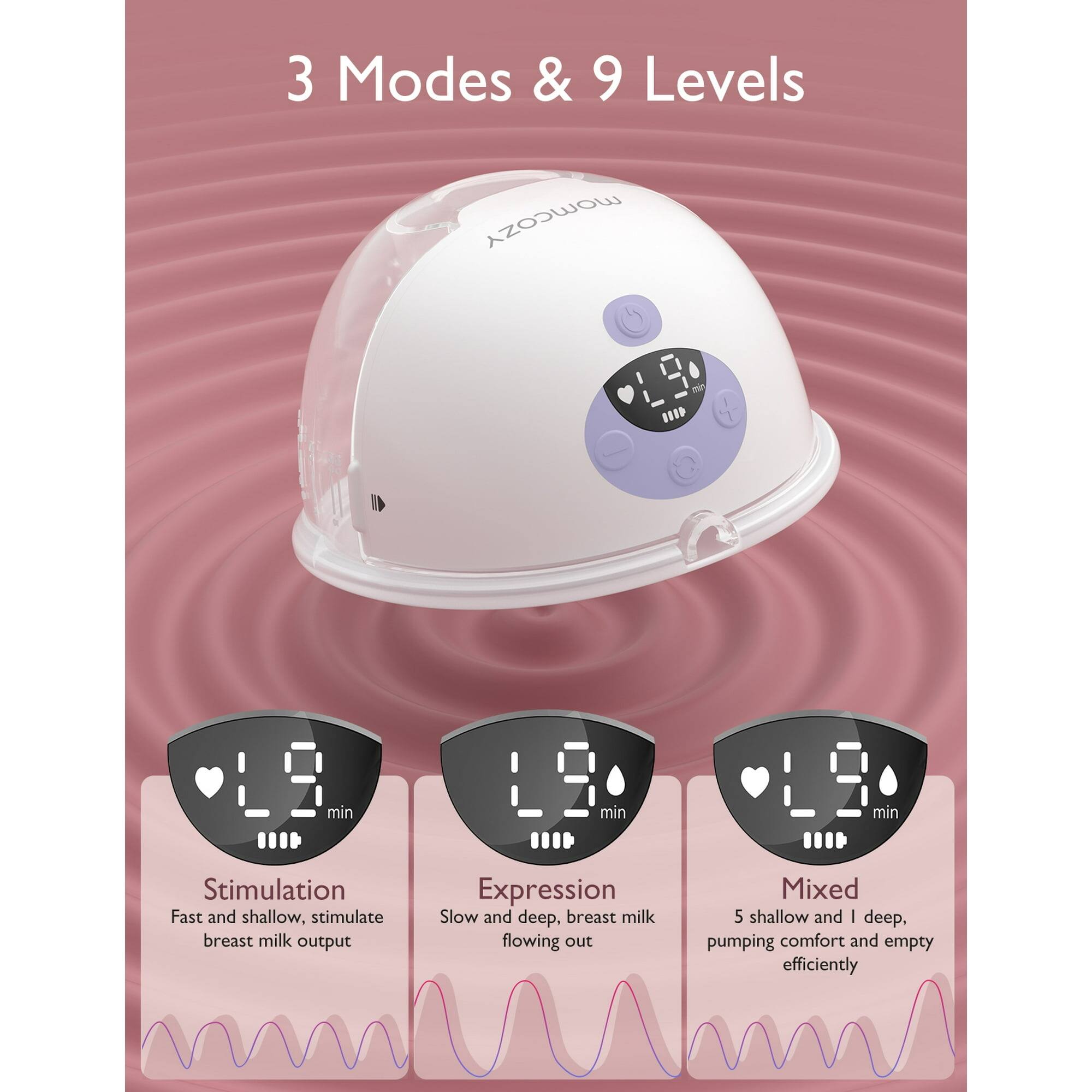 3 Modes & 9 Levels

Stimulation
Fast and shallow, stimulate breast milk output

Expression
Slow and deep, breast milk flowing out

Mixed
5 shallow and 1 deep, pumping comfort and empty efficiently