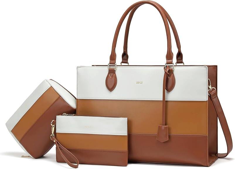 Front. Vulpecula Spade - Keyli 3pc Sets Laptop Bag for Women,15.6 Inch Work Tote Bags Waterproof Leather Business Computer Briefcase - Beige-brown.