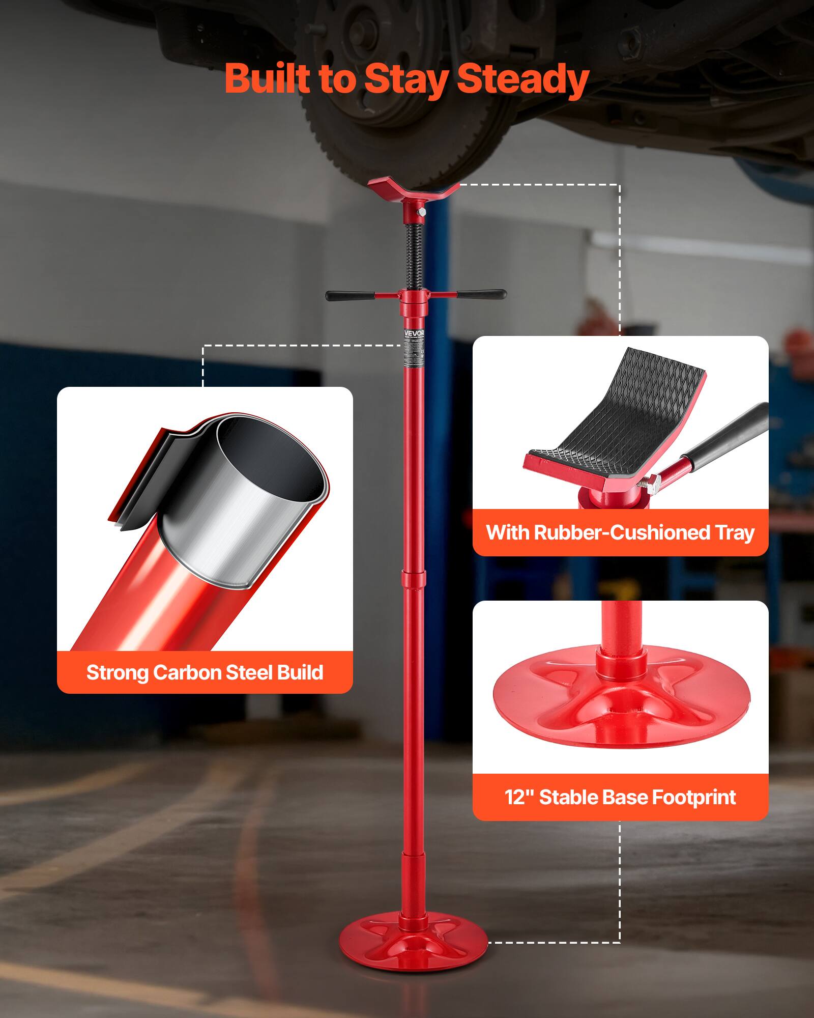 Built to Stay Steady

- Strong Carbon Steel Build
- With Rubber-Cushioned Tray
- 12" Stable Base Footprint