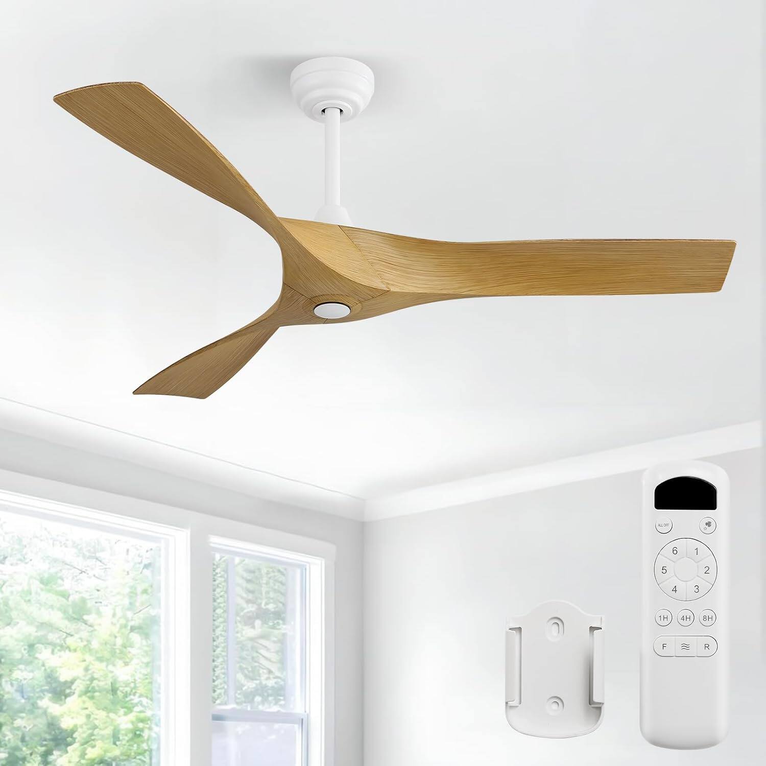 Front. Sofucor - 52 Inch Modern Propeller Ceiling Fan with Remote Quiet DC Motor, 6 Speeds Timer, Reversible, for Living Bedroom - White-Light Brown.