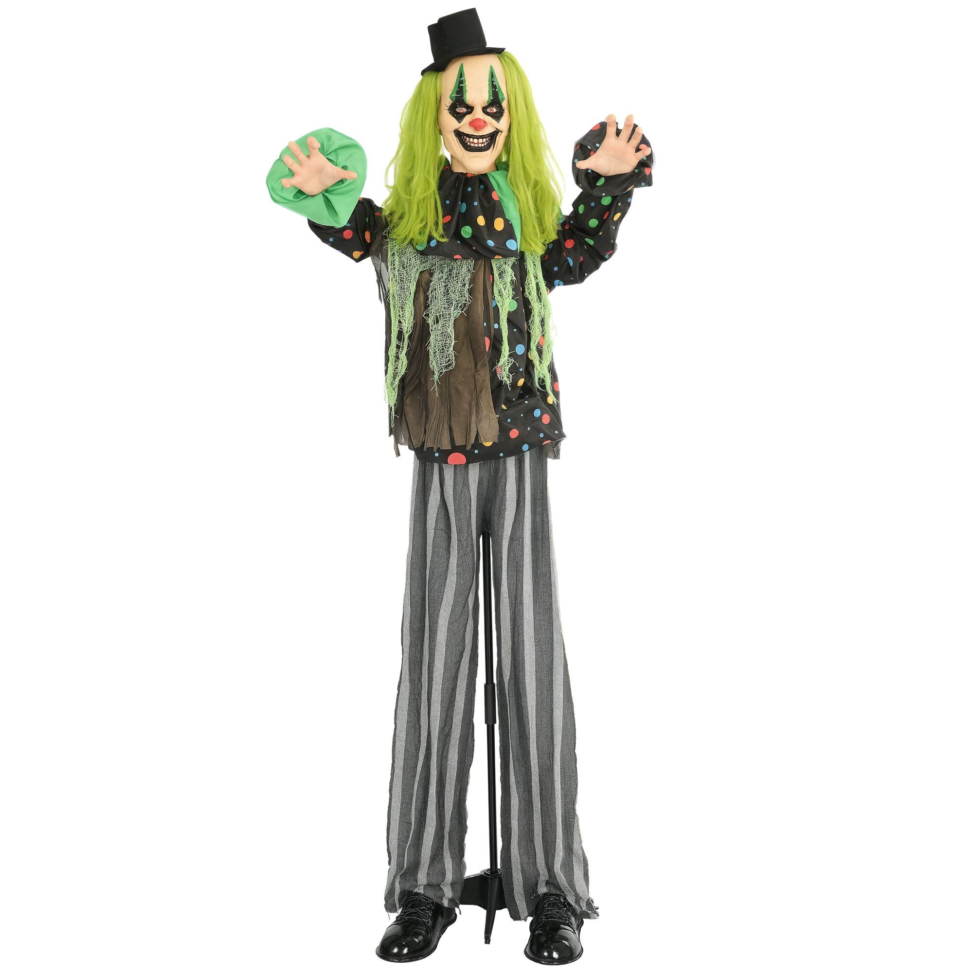 Front. Homcom - 6.1' Outdoor Halloween Decoration, Animatronic Circus Clown, Sound and Motion Activated Animated Prop with Light Up Eyes - Green and Black.