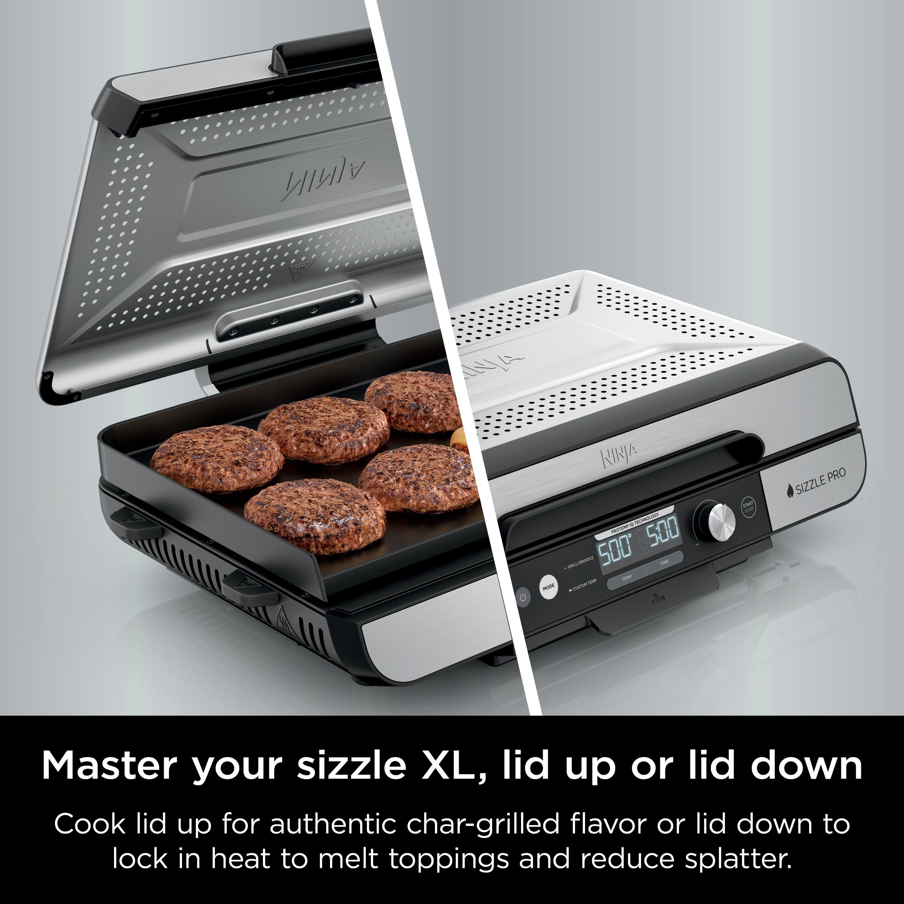 Master your sizzle XL with the Nikja 500. Cook lid up for authentic char-grilled flavor, or lid down to lock in heat to melt toppings and reduce splatter.