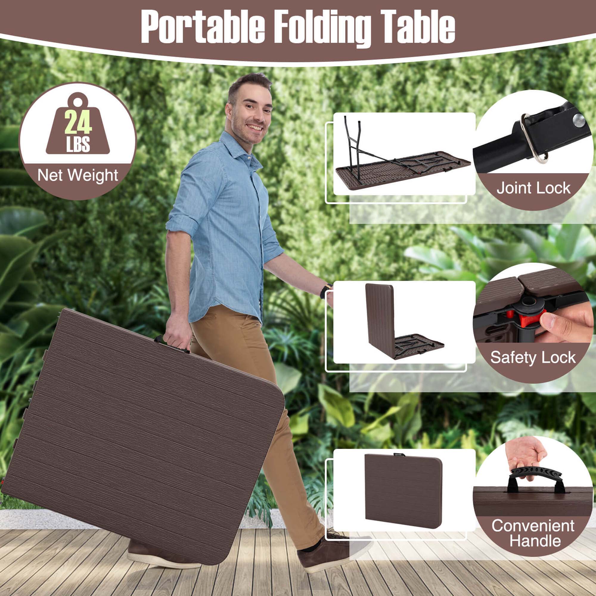 Portable Folding Table, 24 LBS Net Weight, Joint Lock, Safety Lock, Convenient Handle