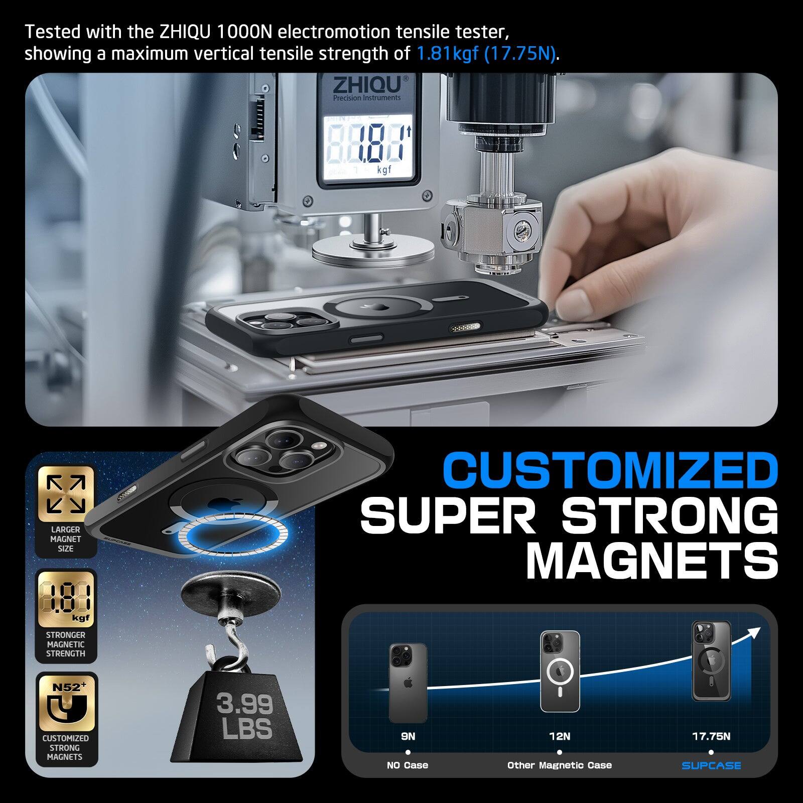 Tested with the ZHIQU 1100N electromotion tensile tester, showing a maximum vertical tensile strength of 1.81 kgf (17.75N).

- ZHIQU Precision Instruments
- LARGER MAGNET SIZE
- STRONGER MAGNETIC STRENGTH
- CUSTOMIZED SUPER STRONG MAGNETS N52+
- CUSTOMIZED STRONG MAGNETS
- 3.99 LBS
- NO Case: 12N
- Other Magnetic Case: 17.75N
- SUPCASE