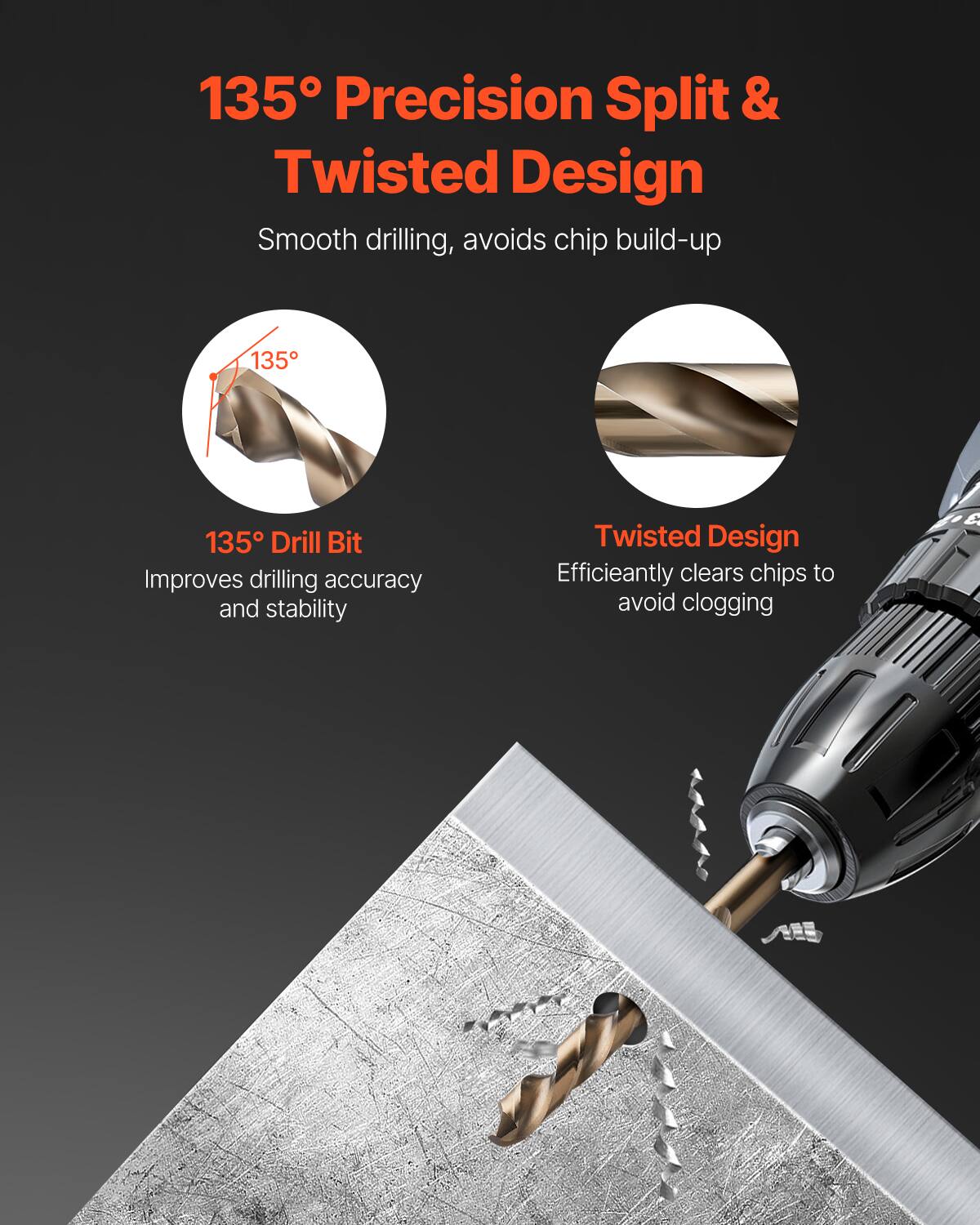 135° Precision Split & Twisted Design  
Smooth drilling, avoids chip build-up  

135° Drill Bit  
Improves drilling accuracy and stability  

Twisted Design  
Efficiently clears chips to avoid clogging