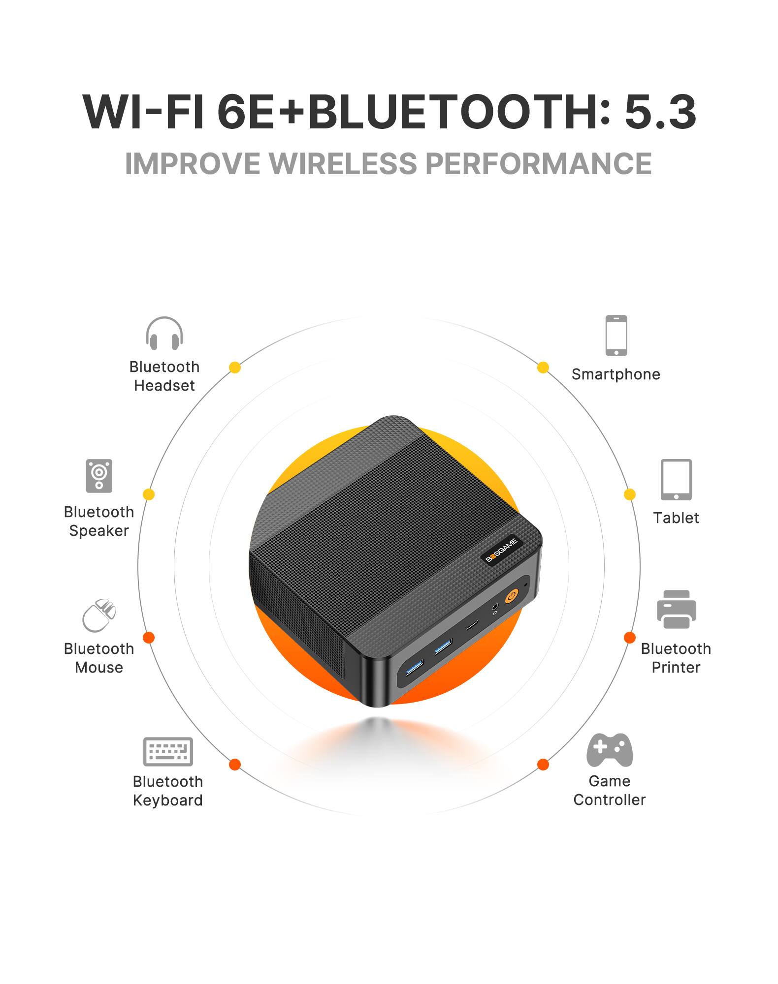 WI-FI 6E+BLUETOOTH: 5.3 IMPROVE WIRELESS PERFORMANCE

Bluetooth Headset
Smartphone
Bluetooth Speaker
Tablet
Bluetooth Mouse
Bluetooth Printer
Bluetooth Keyboard
Game Controller