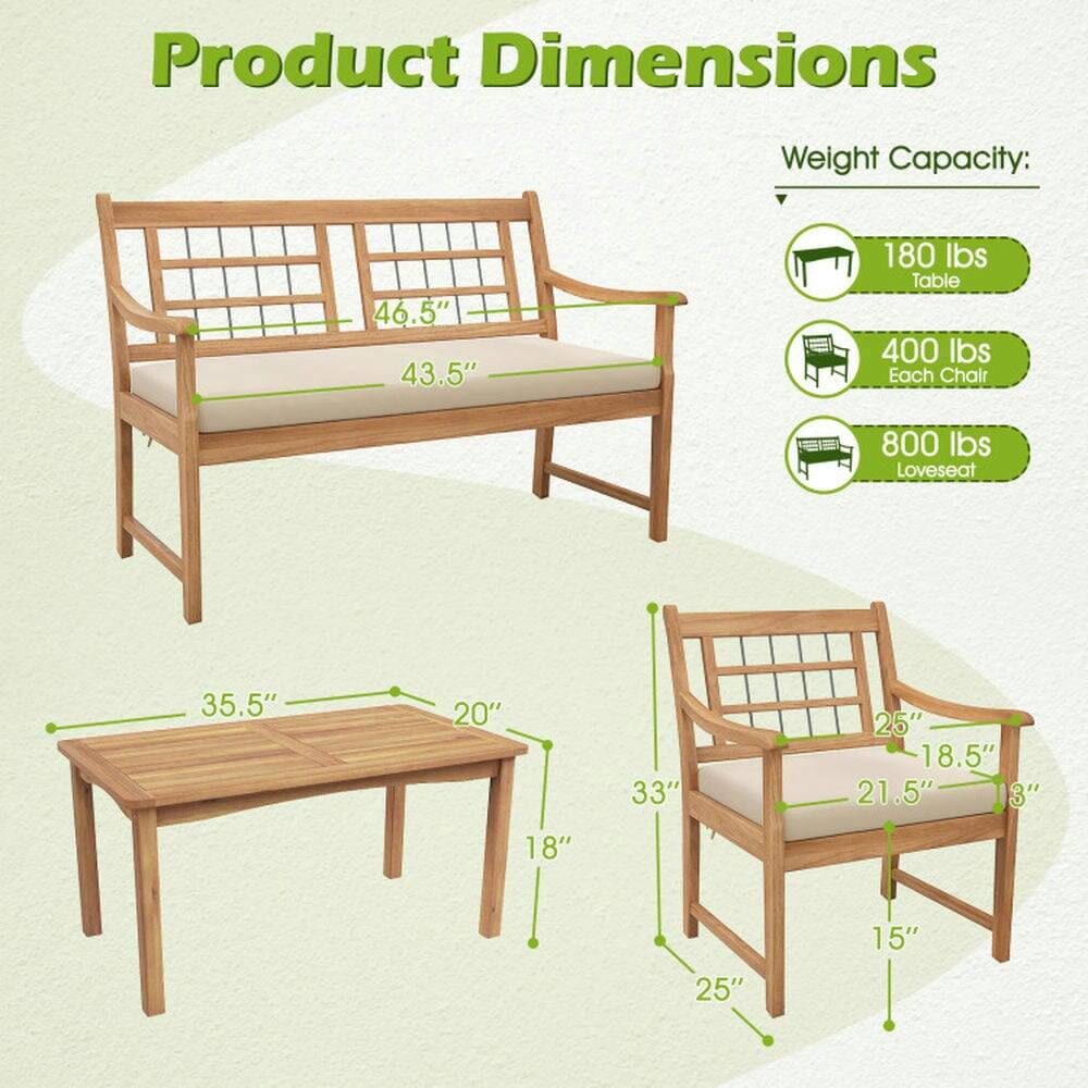 Product Dimensions  
Weight Capacity:  
Table: 180 lbs  
Each Chair: 400 lbs  
Loveseat: 800 lbs  

Dimensions:  
Table: 35.5" x 20" x 18"  
Loveseat: 46.5" x 43.5" x 33"  
Chair: 33" x 25" x 21.5" x 18.5" x 15"