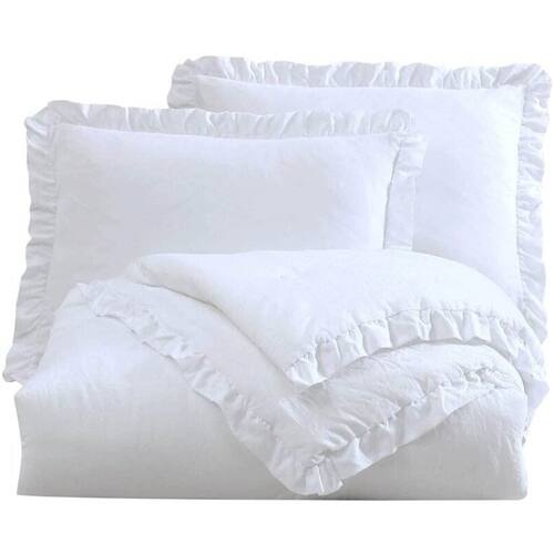 SlickBlue - Comforter Set in Microfiber with Decorative Ruffled Edges - White