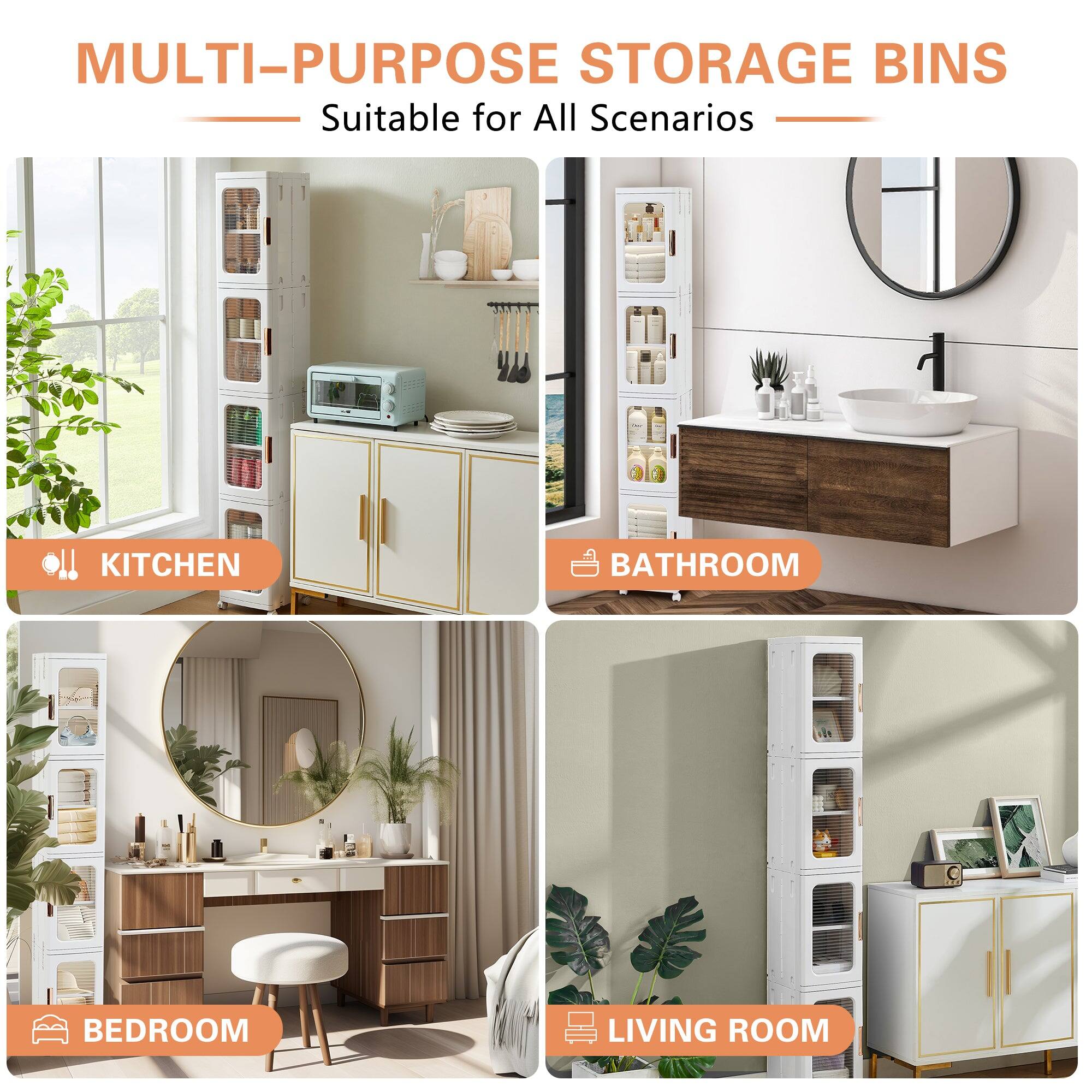 MULTI-PURPOSE STORAGE BINS  
Suitable for All Scenarios  

KITCHEN  
BATHROOM  
BEDROOM  
LIVING ROOM