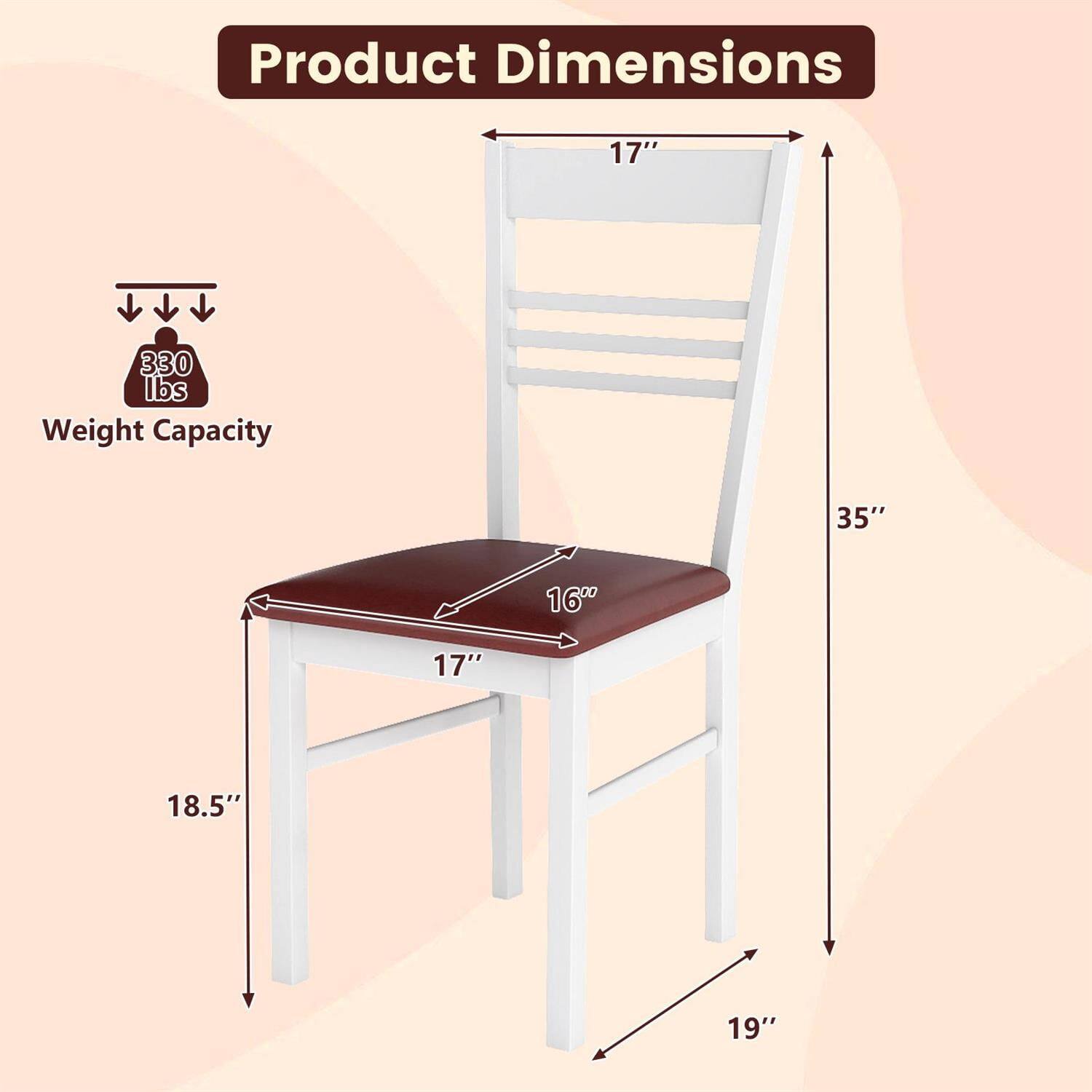 Product Dimensions:  
- Height: 35"  
- Seat Width: 17"  
- Seat Depth: 18.5"  
- Overall Width: 19"  
- Overall Depth: 16"  

Weight Capacity: 330 lbs