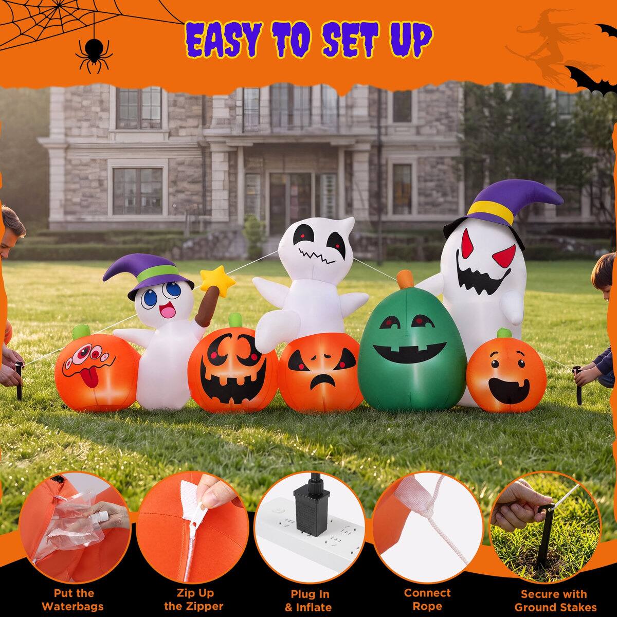 EASY TO SET UP

Put the Waterbags  
Zip Up the Zipper  
Plug In & Inflate  
Connect Rope  
Secure with Ground Stakes