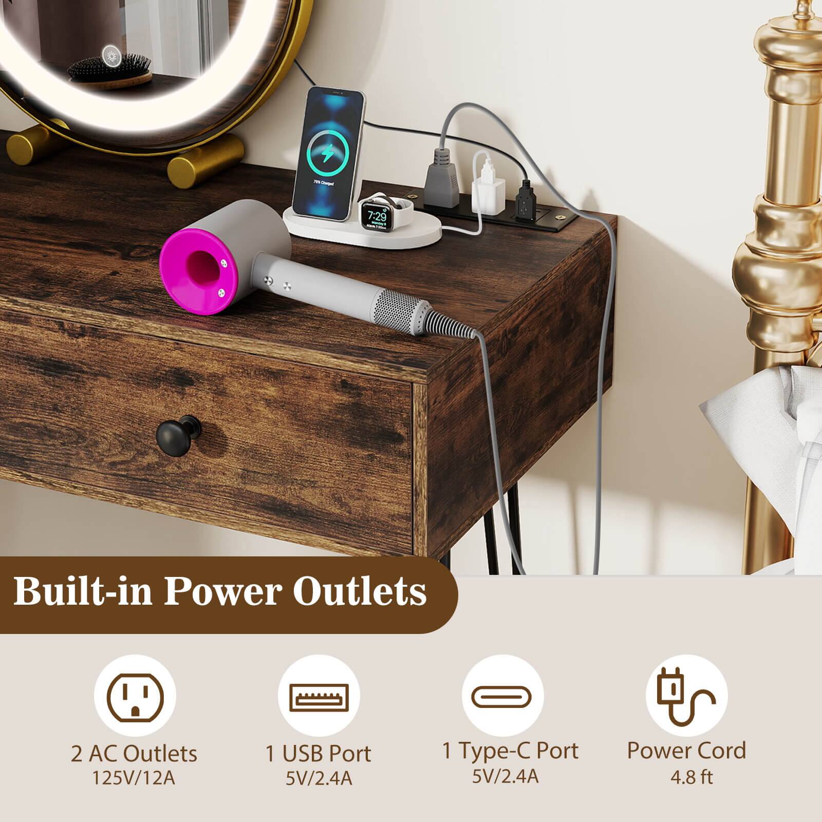 - 7:29
- Built-in Power Outlets
  - 2 AC Outlets 125V/12A
  - 1 USB Port 5V/2.4A
  - 1 Type-C Port 5V/2.4A
  - Power Cord 4.8 ft