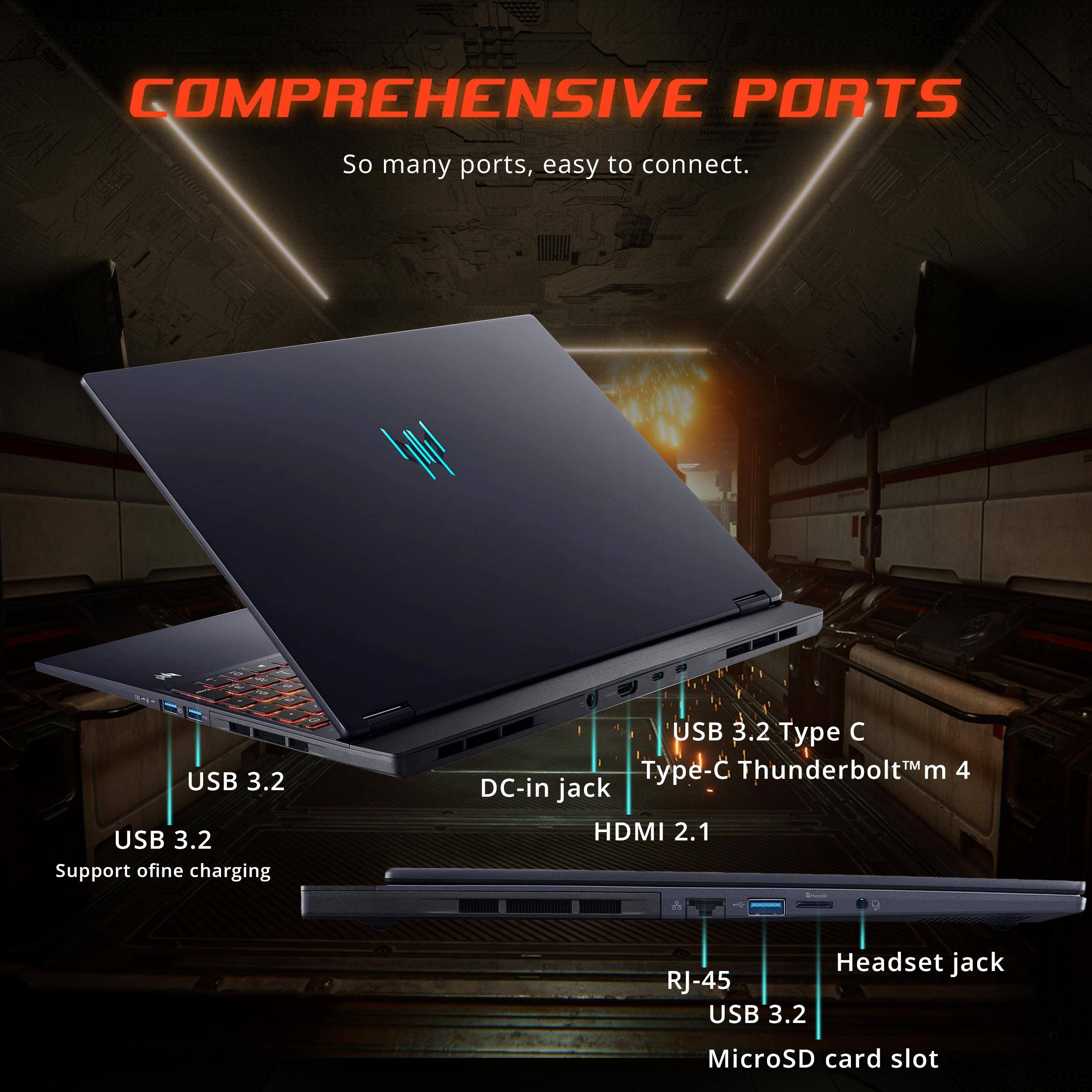 COMPREHENSIVE PORTS  
So many ports, easy to connect.  

USB 3.2  
USB 3.2 (Support offline charging)  
USB 3.2 Type C  
Thunderbolt™ 4 Type-C  
DC-in jack  
HDMI 2.1  
Headset jack  
RJ-45  
USB 3.2  
MicroSD card slot