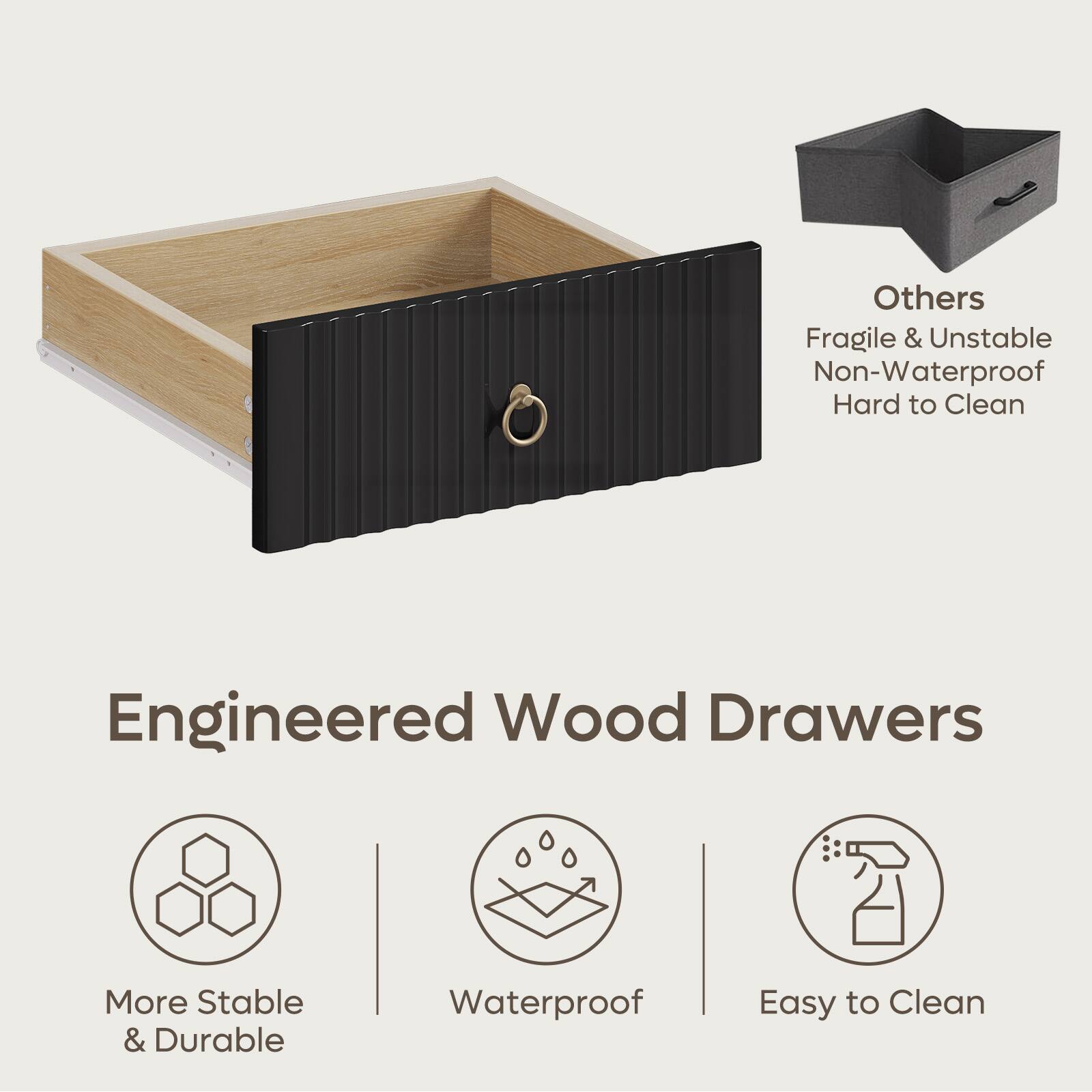 Others: Fragile & Unstable Non-Waterproof Hard to Clean Engineered Wood Drawers More Stable & Durable Waterproof Easy to Clean