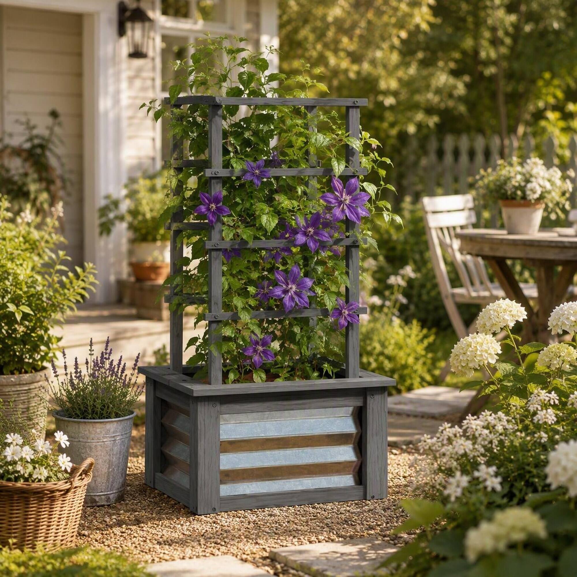 Left. RYHNUYNE - Raised Garden Bed with Trellis, Galvanized Planter Box on Fir Wood Stand for Climbing Plants, Vegetables - Grey.
