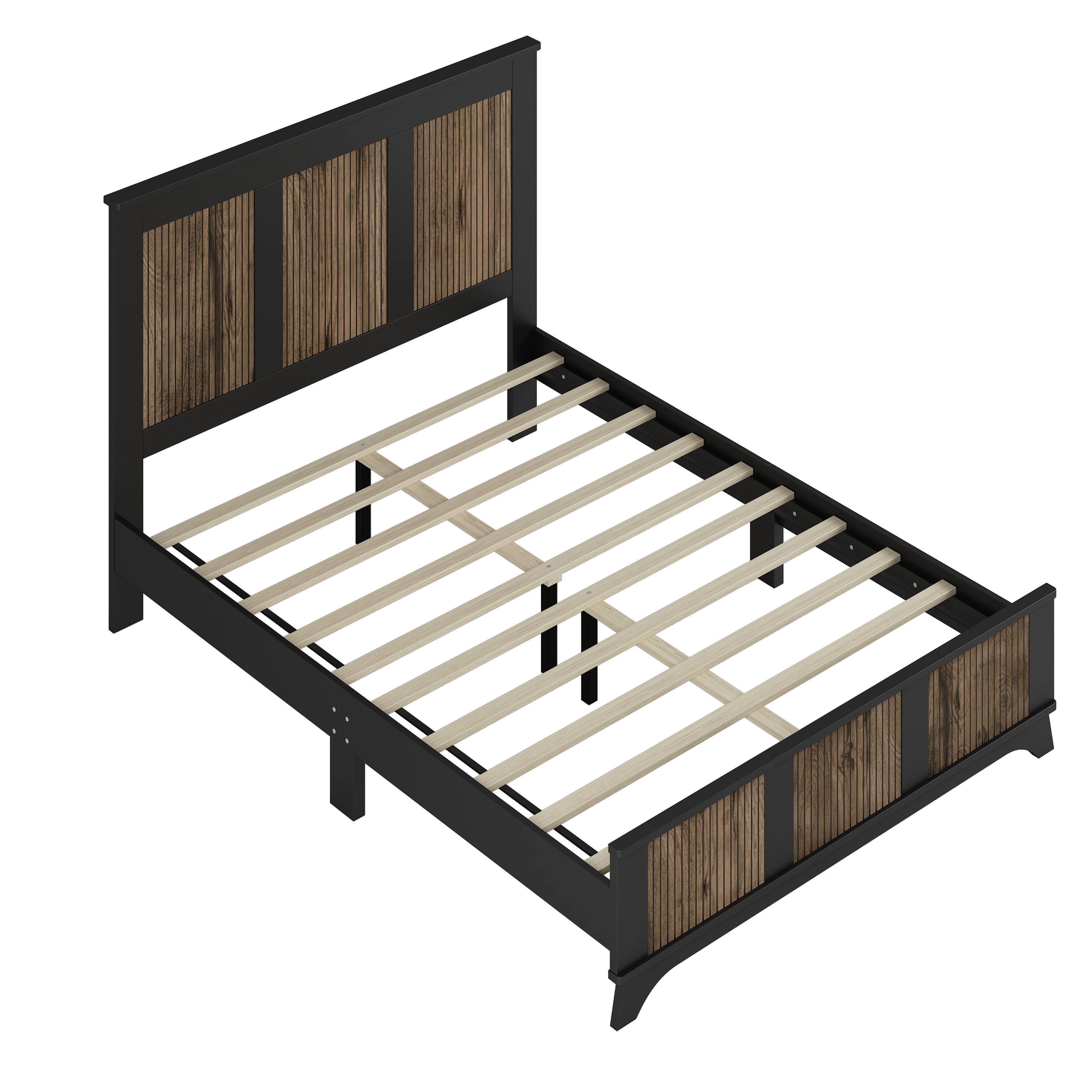 Back. Tiramisubest - Wooden Platform Queen Size Bed, Modern Platform Bed with Wooden Strip Stickers Decoration, Plywood Slats Support, Black - Black.
