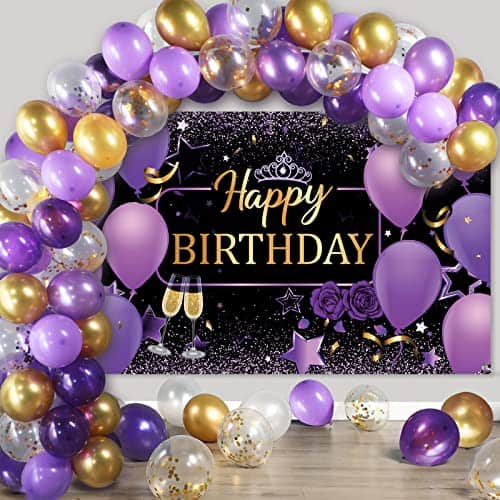 DORLUKFU - and Gold Birthday Party Decorations Gold Confetti Balloons Kit Happy Birthday Photography Backdrop for - Purple