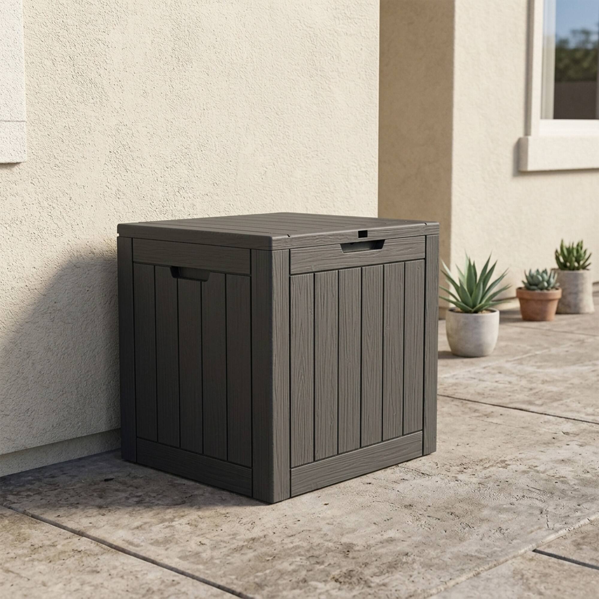 Angle. LAUSAINT HOME - 35 Gal.Water Resistant Resin Lockable Deck Box, Large Lockable Capacity, Versatile Deck Storage Bench - Black.
