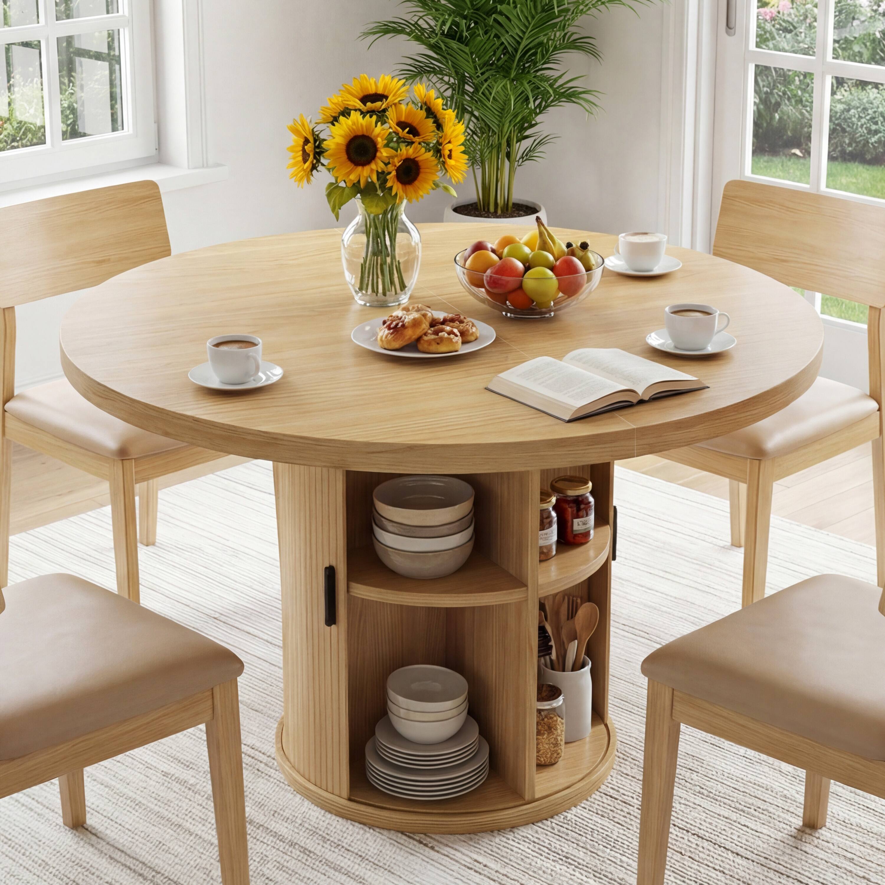 Alt View 1. Dyonery - 2-4 Person Round Dining Table, 35.43 inches, Wooden Base, Natural Material, Round Kitchen Dining Table - Oak.