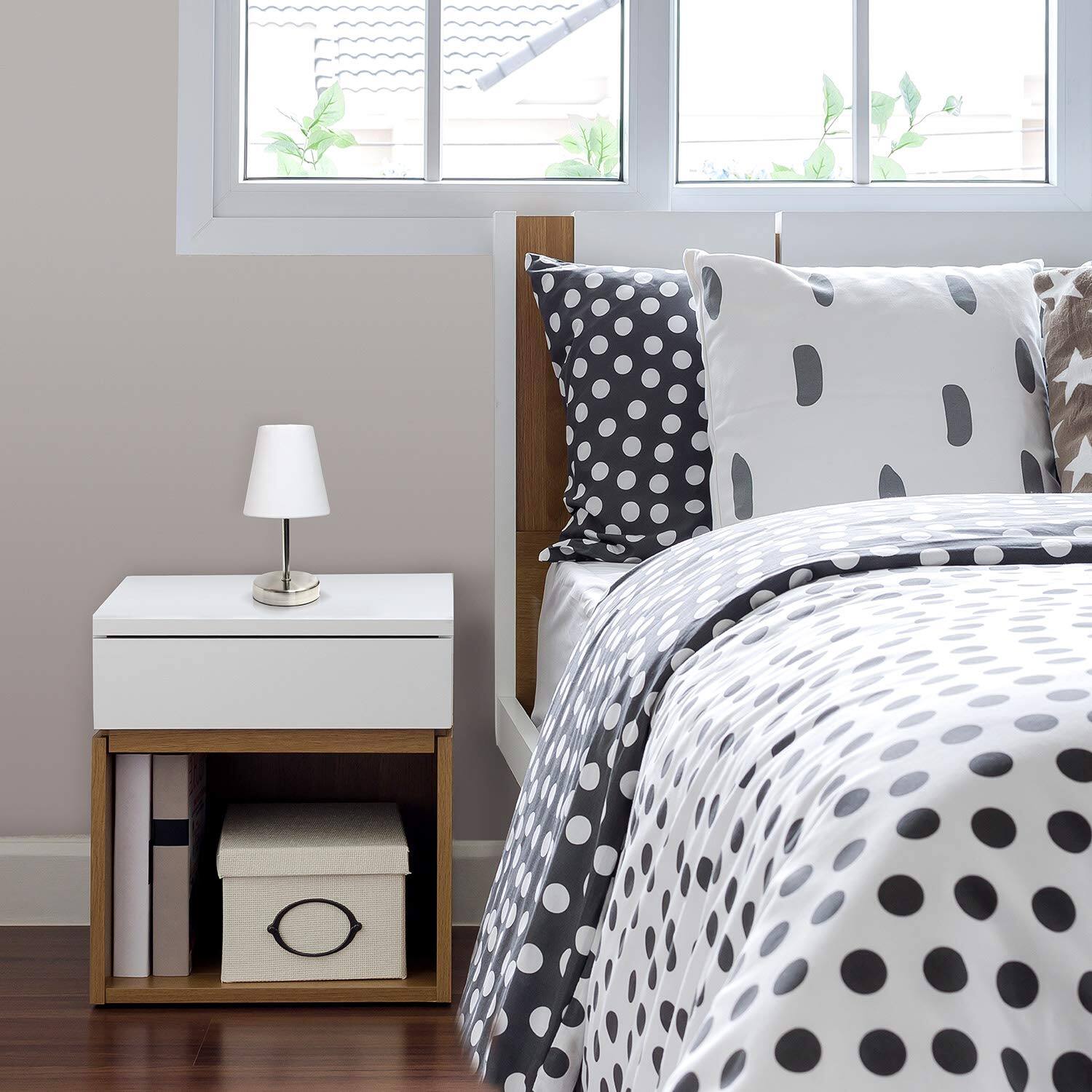 Left. Reds Spade - Simple Designs LT2013 WHT Mini Basic Sand Nickel Table Lamp Fabric Shade nickel metal baseFabric Simple - Pink Single Item.