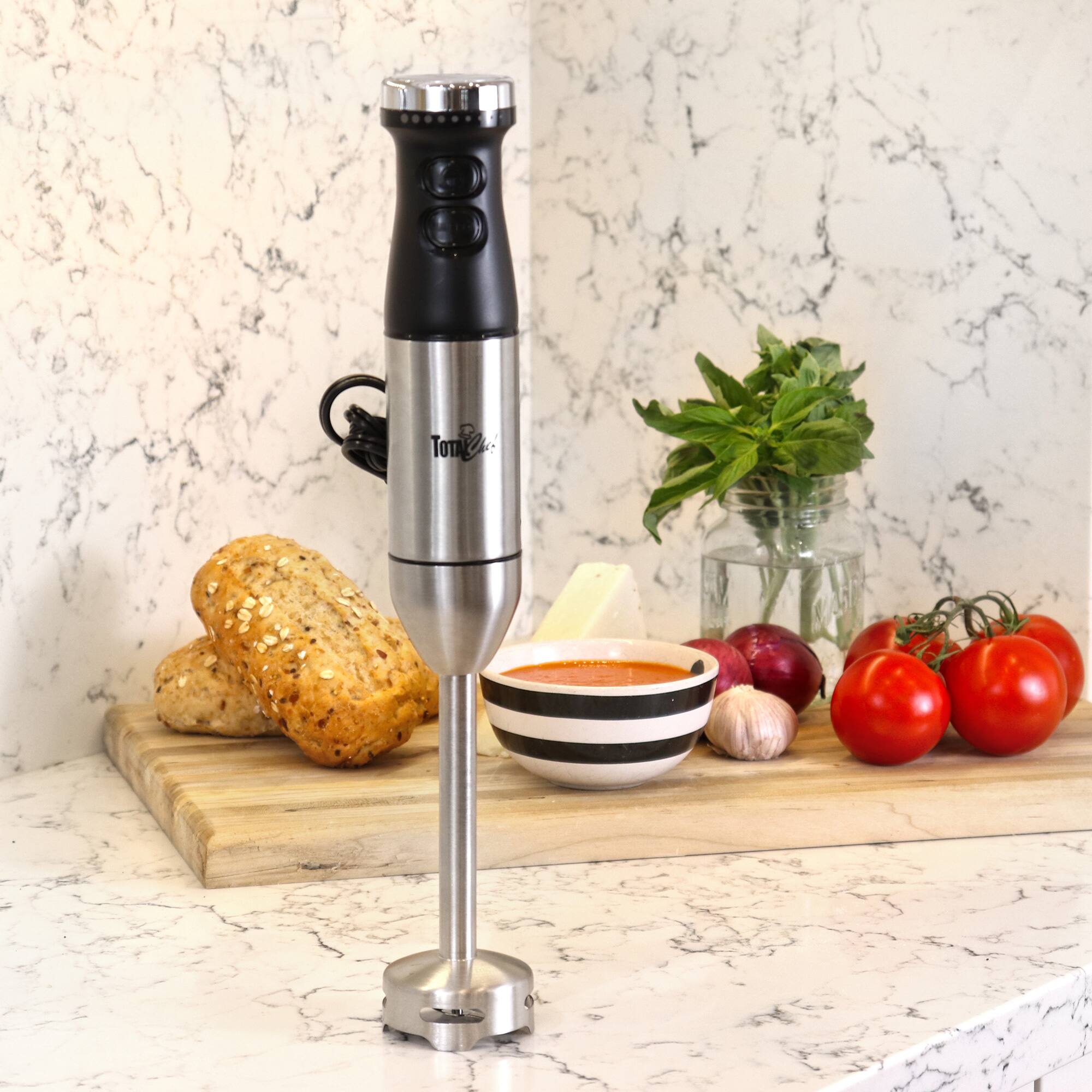 Angle. TOTAL Chef - Total Chef Variable Speed Immersion Blender with Turbo Boost, 225 Watts - Black stainless steel.