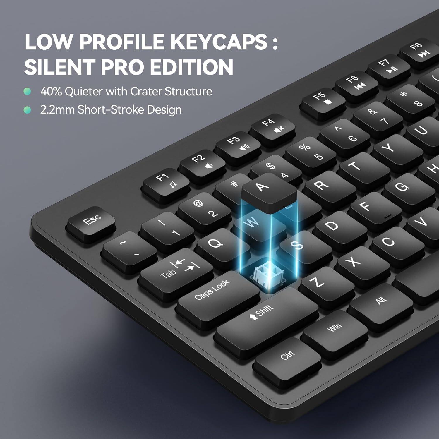 LOW PROFILE KEYCAPS: SILENT PRO EDITION

- 40% Quieter with Crater Structure
- 2.2mm Short-Stroke Design

F8 F7 F6 F5 F4 F3 F2 F1 Esc 1 2 3 4 5 6 7 8 9 0 - = \ Tab Q W E R T Y U I O P [ ] Caps Lock A S D F G H J K L ; ' Shift Z X C V B N M , . / Alt Win Ctrl