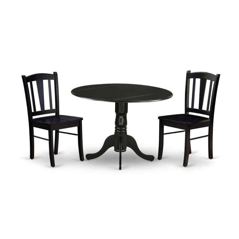 Left. East West Furniture - DLDL3-BLK-W - 3-Pc Dining Table Set - 2 Wood Kitchen Chairs and 1 Drops Leaf Kitchen Table - Black Finish - Black.