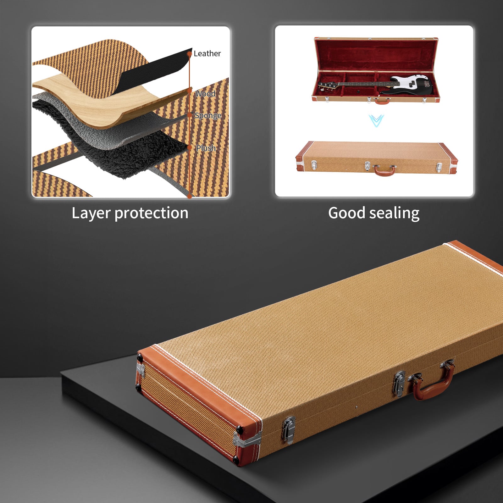 Winado - Microgroove Hard Shell Fits Electric Bass Case Black With Lockable