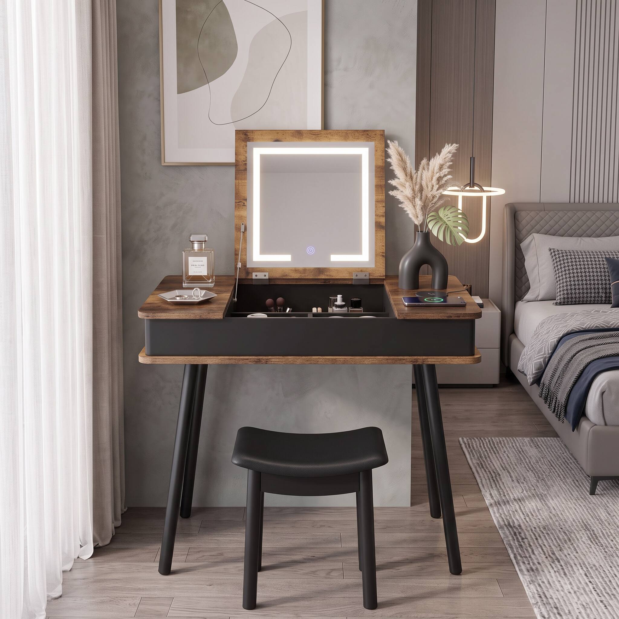 Angle. WELLFOR - Flip‑Top Makeup Vanity Table Set with 3‑Color LED Lighted Mirror, USB Charging Port and PU Padded Stool for Bedroom - Brown.