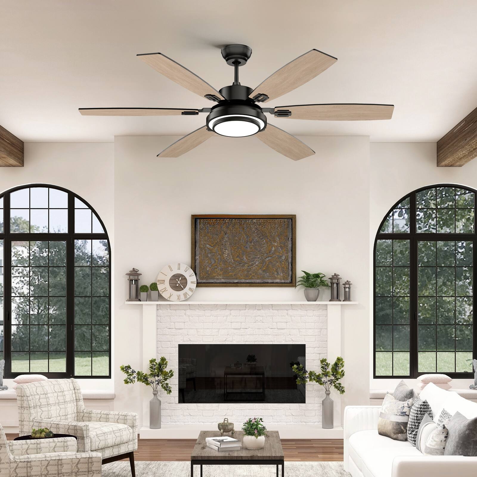 Back. Siljoy - 60-in Black Ceiling Fan with black or oak Color Blades Ceiling Fan With Light-Remote Included - Black.