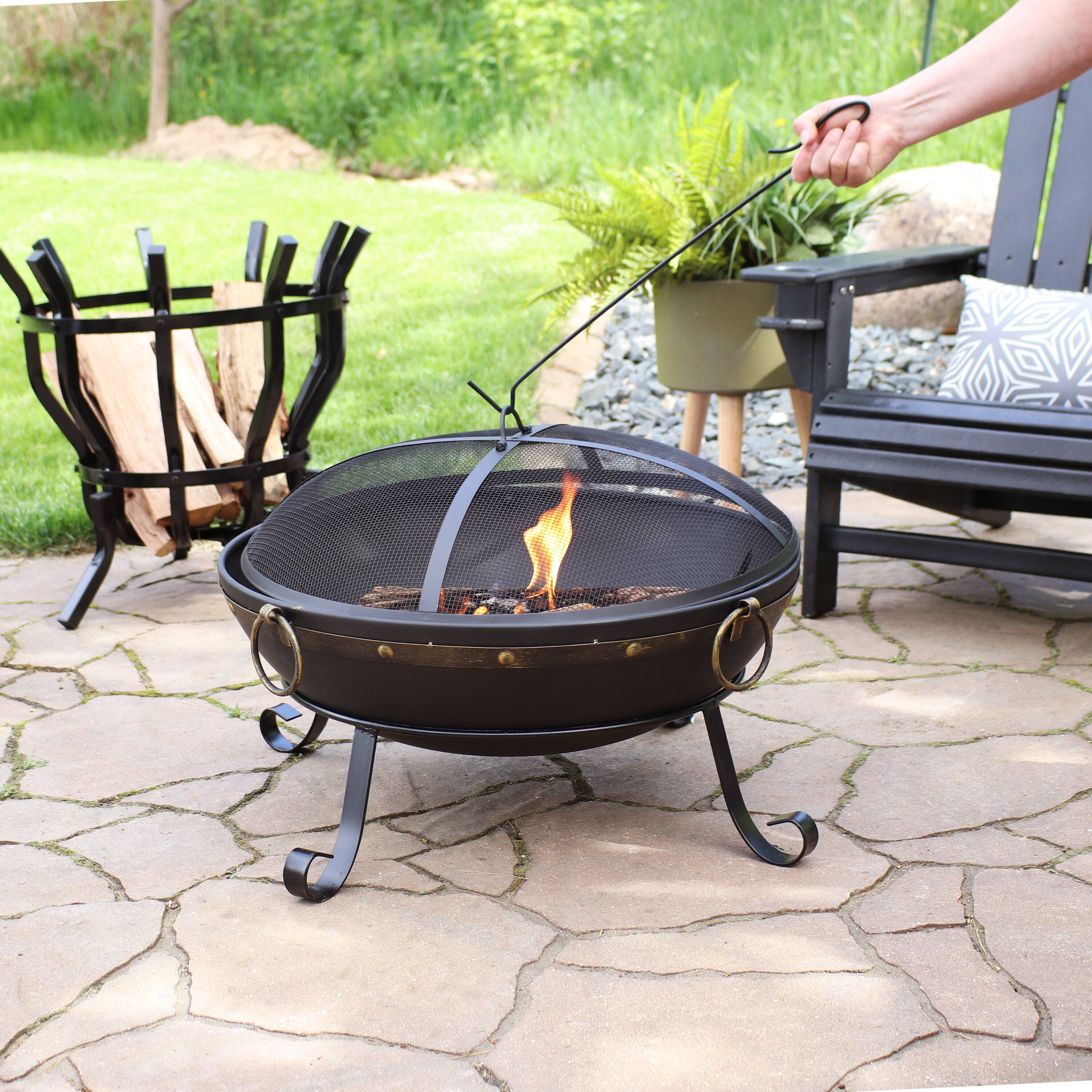 Alt View 4. Sunnydaze - 25 in Victorian Steel Fire Bowl with Handles and Spark Screen - Black.